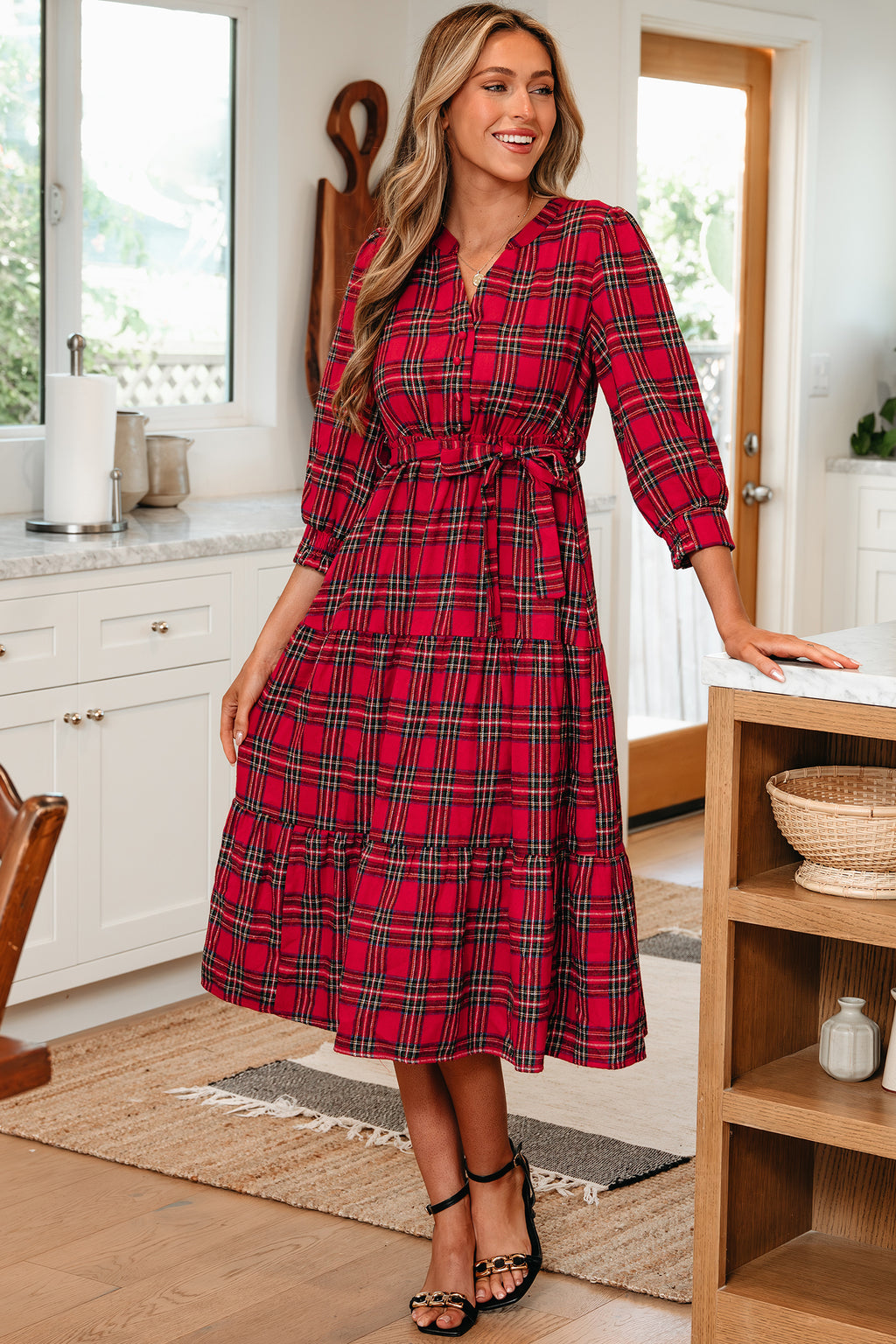 Red Plaid V Neck 3/4 Sleeve Tie Waist Ruffle Hem Long Dress