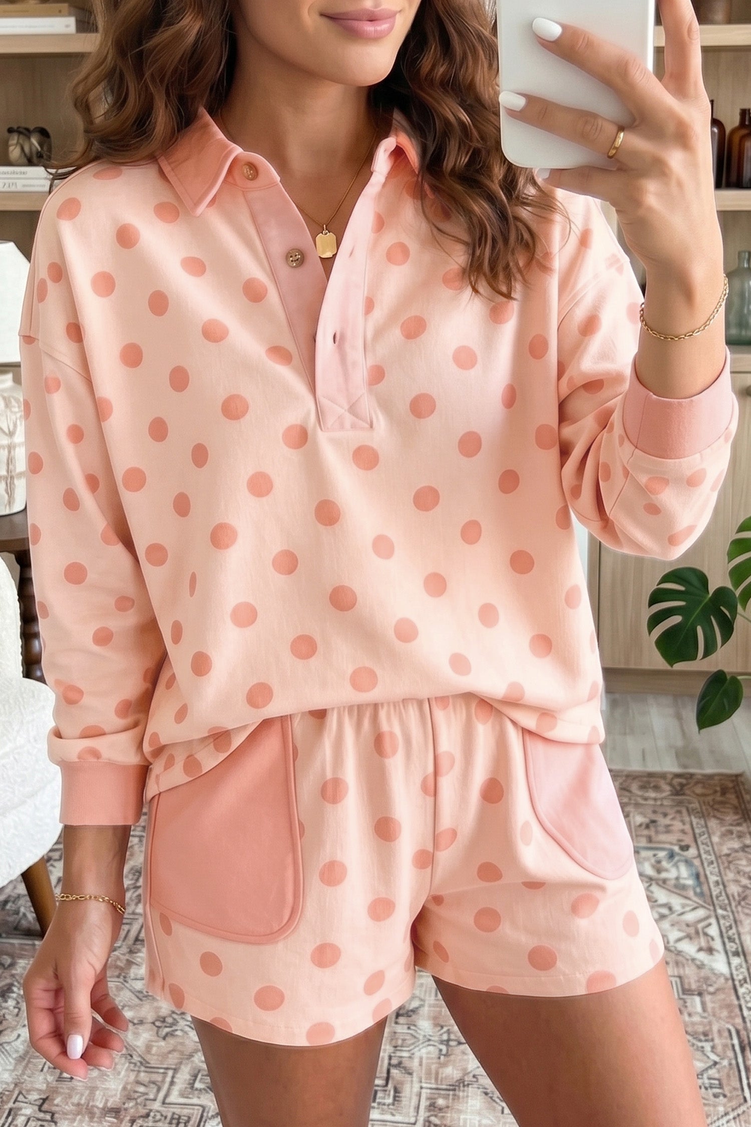 Pink Polka Dot Drop Shoulder Polo Loose Pullover Patch Pocket Casual Shorts Set
