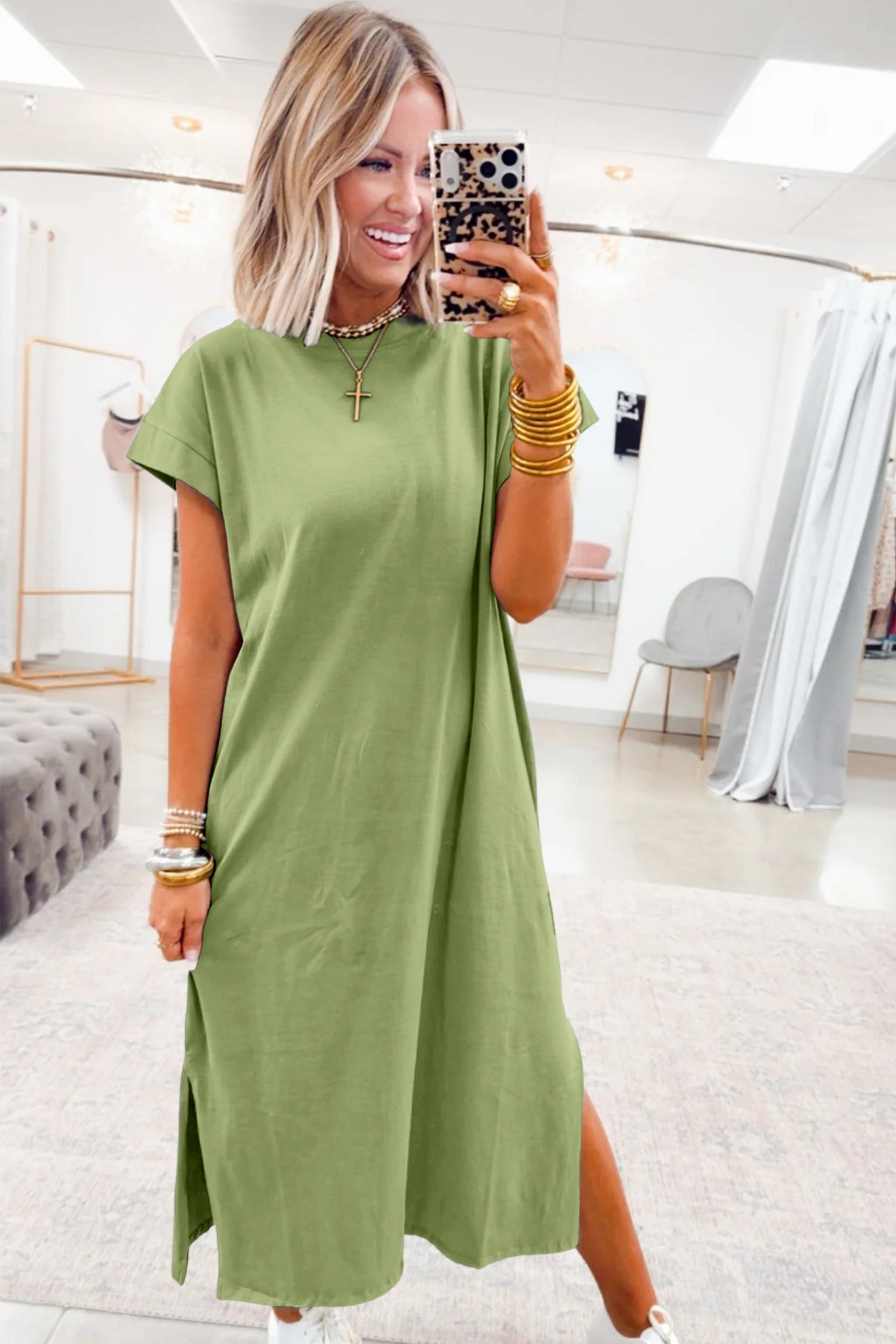 Green Bay Solid Color Long T Shirt Dress with Slits
