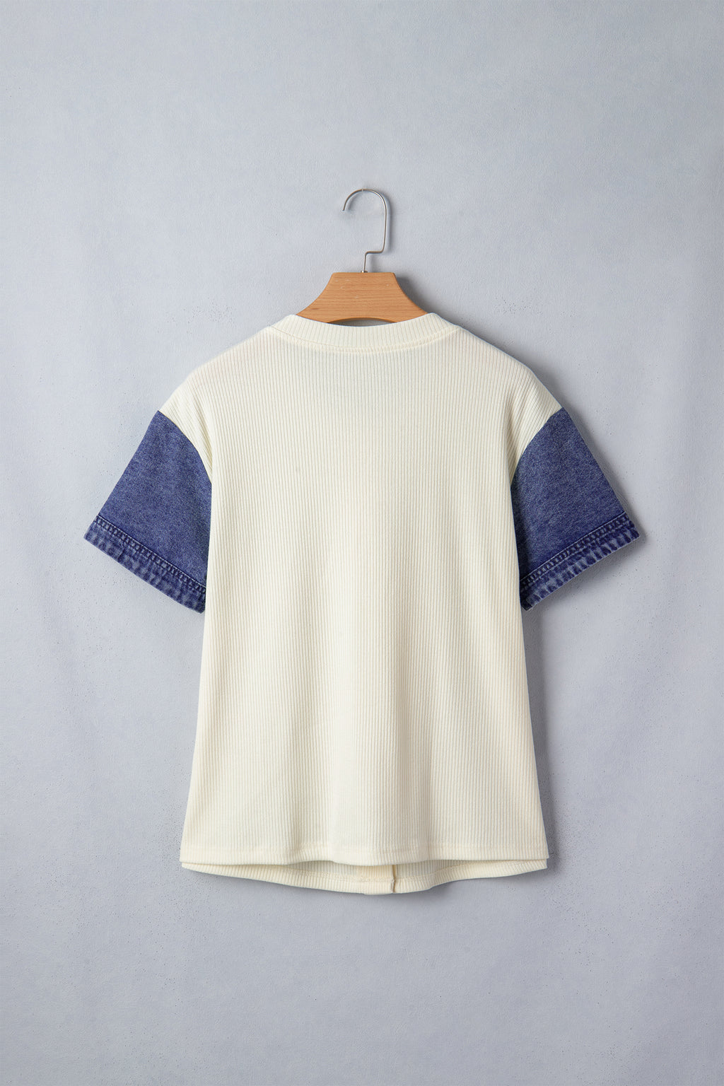 Beige Denim Patchwork Short Sleeve Ribbed Shirt