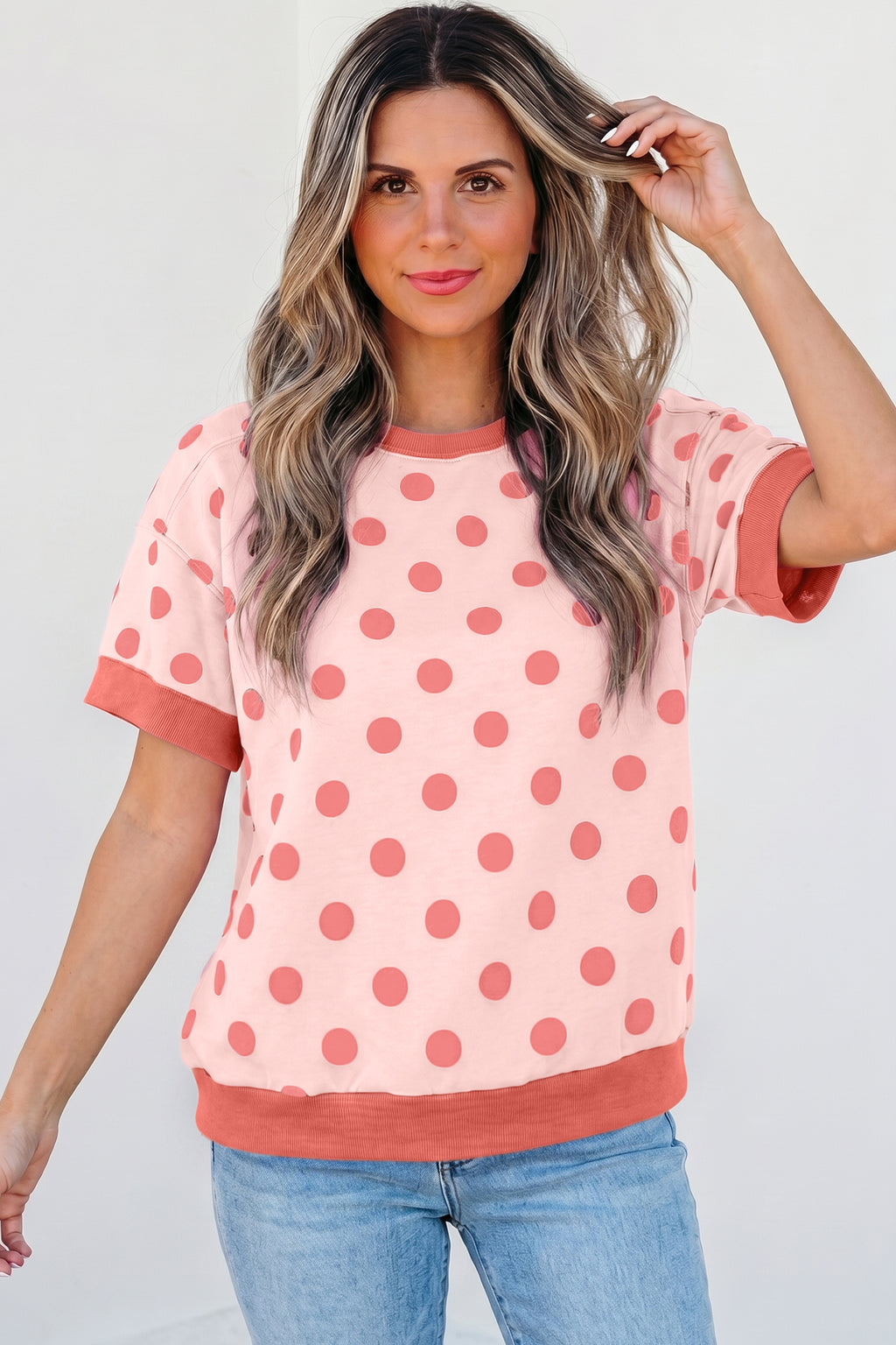 Pink Color Block Trim Polka Dot Casual Tee