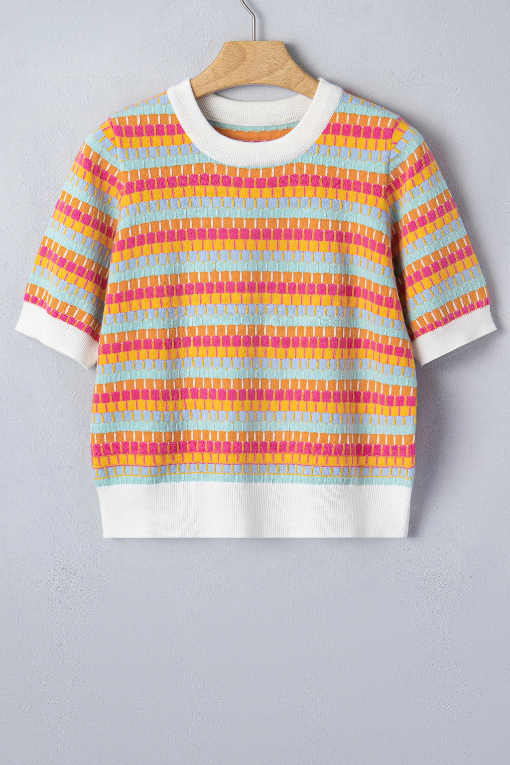Orange Abstract Striped Knit Short Sleeve Sweater