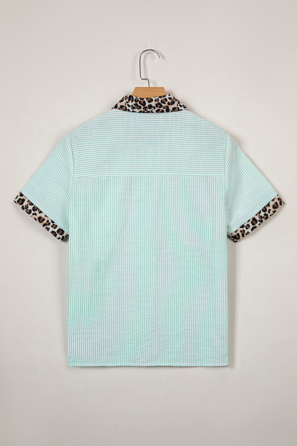 Green Stripe Leopard Contrast Collar Short Sleeve Shirt