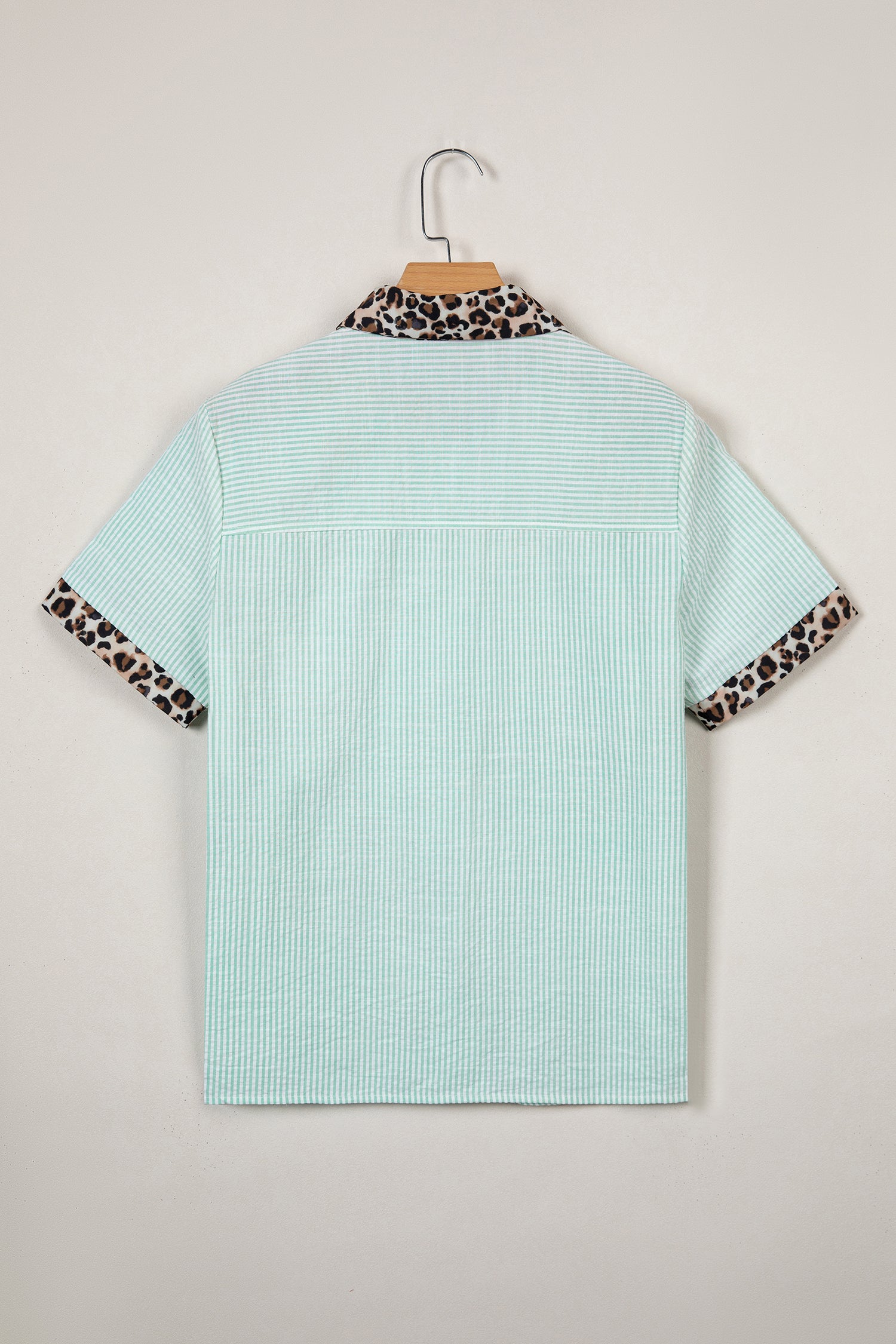 Green Stripe Leopard Contrast Collar Short Sleeve Shirt