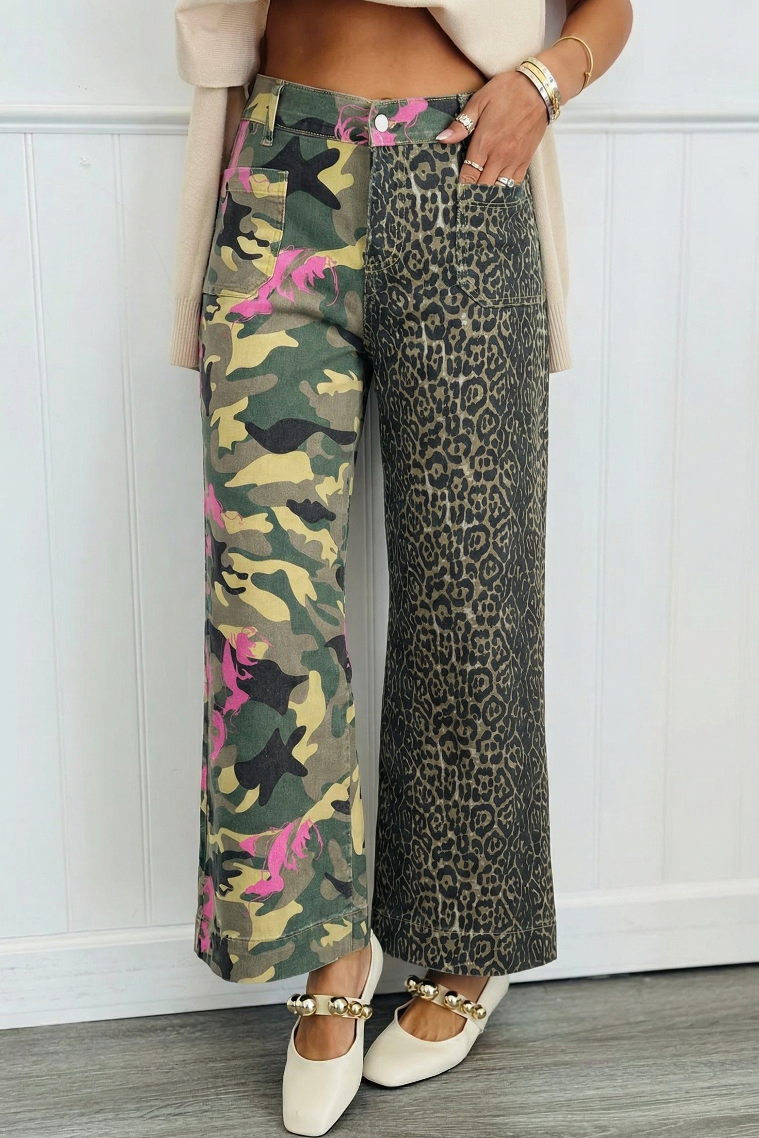 Multicolour Abstract Camouflage Print Contrast Leopard Patchwork Straight Leg Jeans