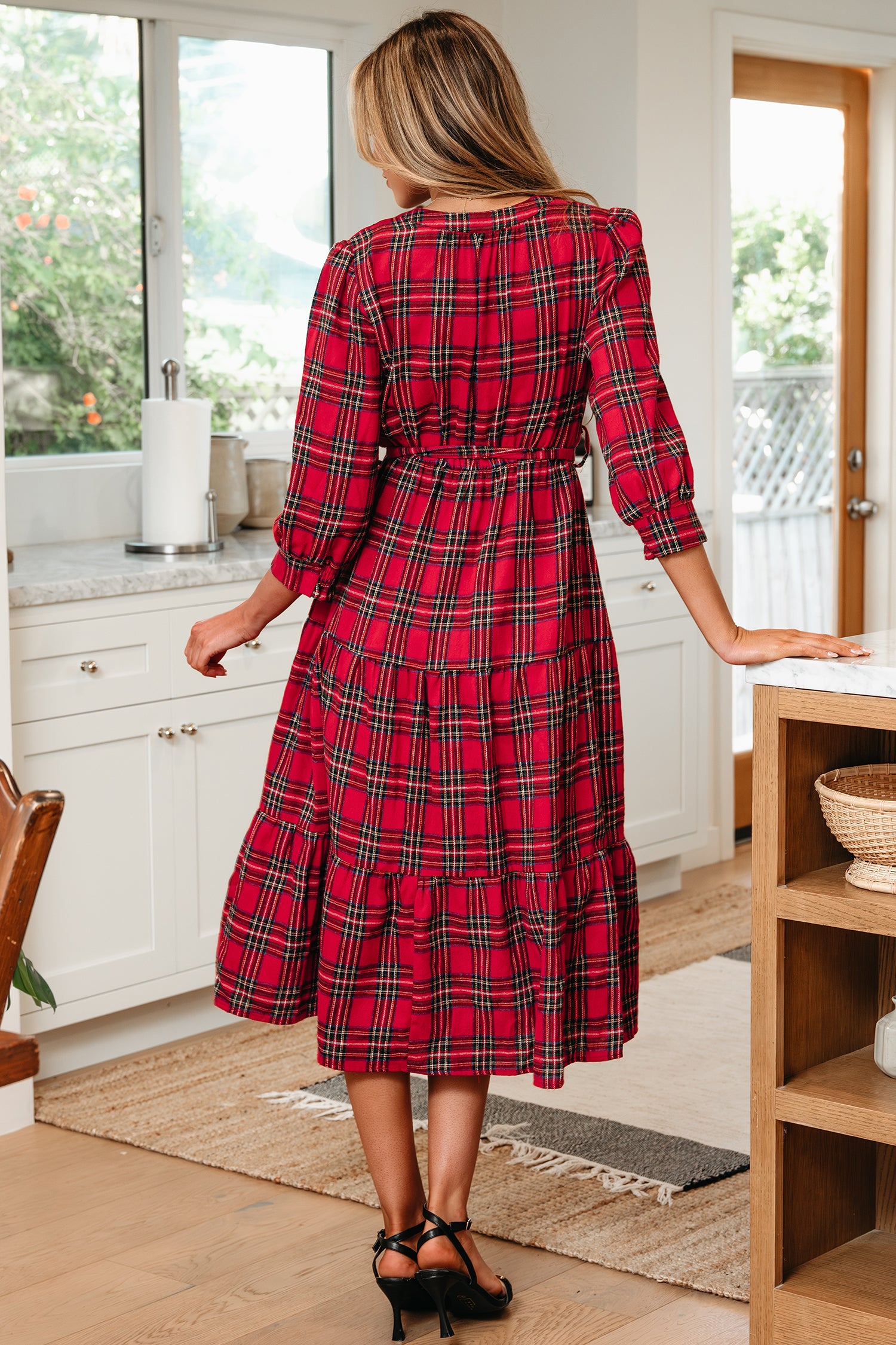 Red Plaid V Neck 3/4 Sleeve Tie Waist Ruffle Hem Long Dress