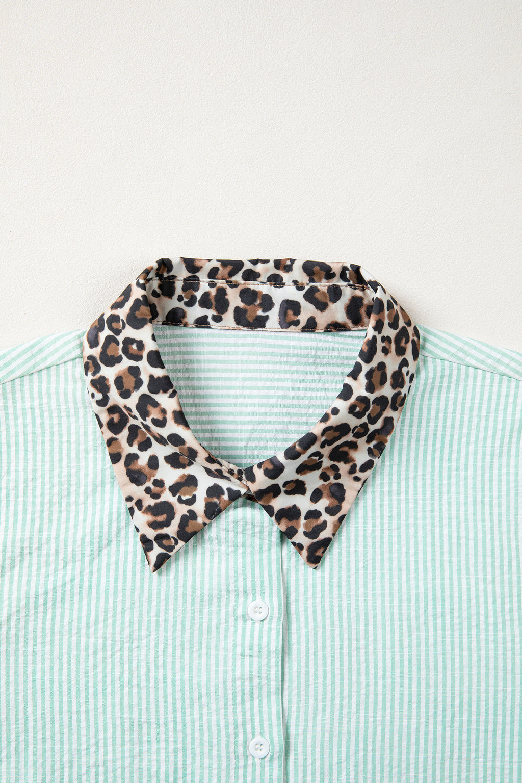 Green Stripe Leopard Contrast Collar Short Sleeve Shirt