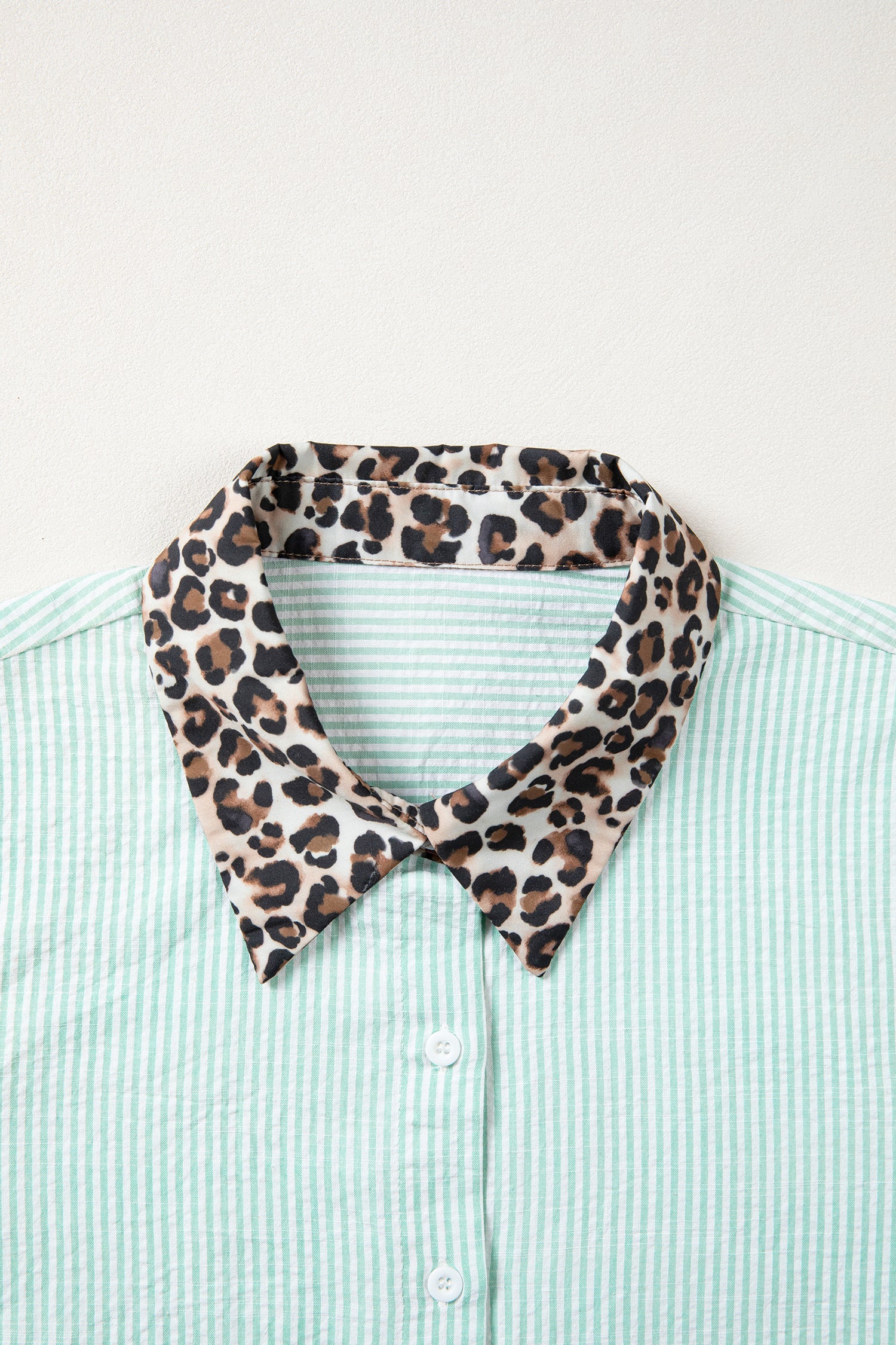 Green Stripe Leopard Contrast Collar Short Sleeve Shirt