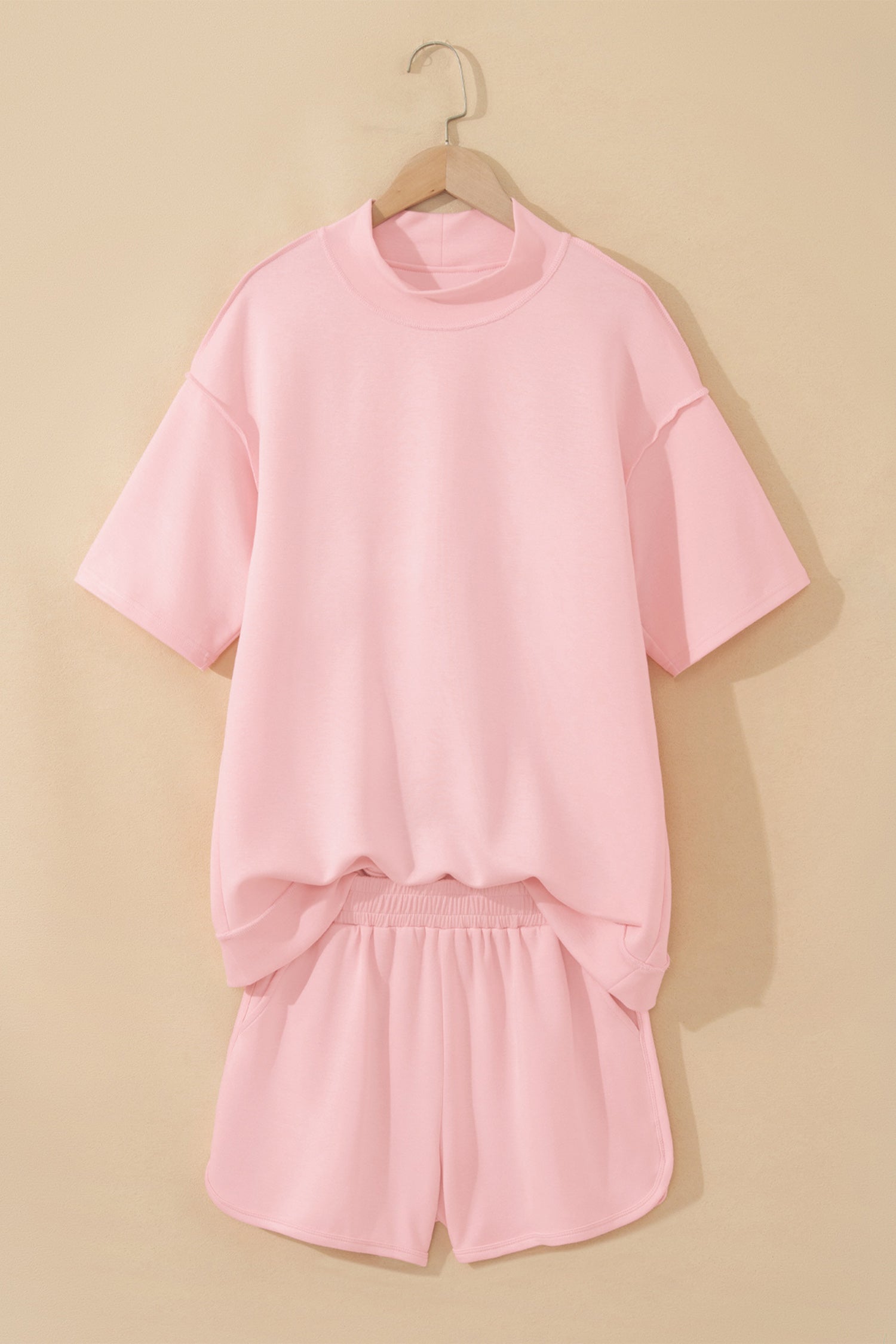 Light Pink Solid Color Exposed Seam Mock Neck Oversize Tee Casual Shorts 2pcs Outfit