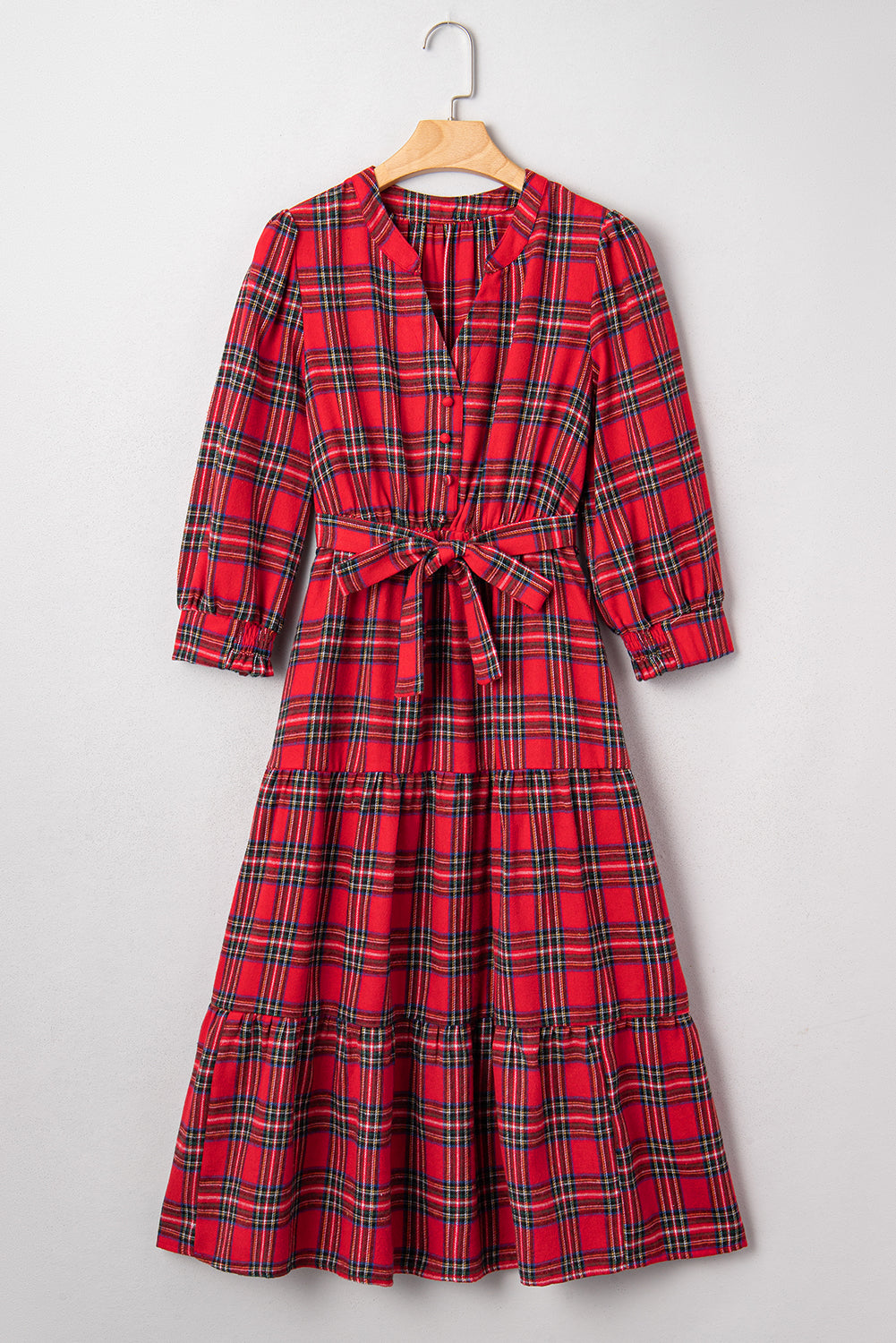 Red Plaid V Neck 3/4 Sleeve Tie Waist Ruffle Hem Long Dress