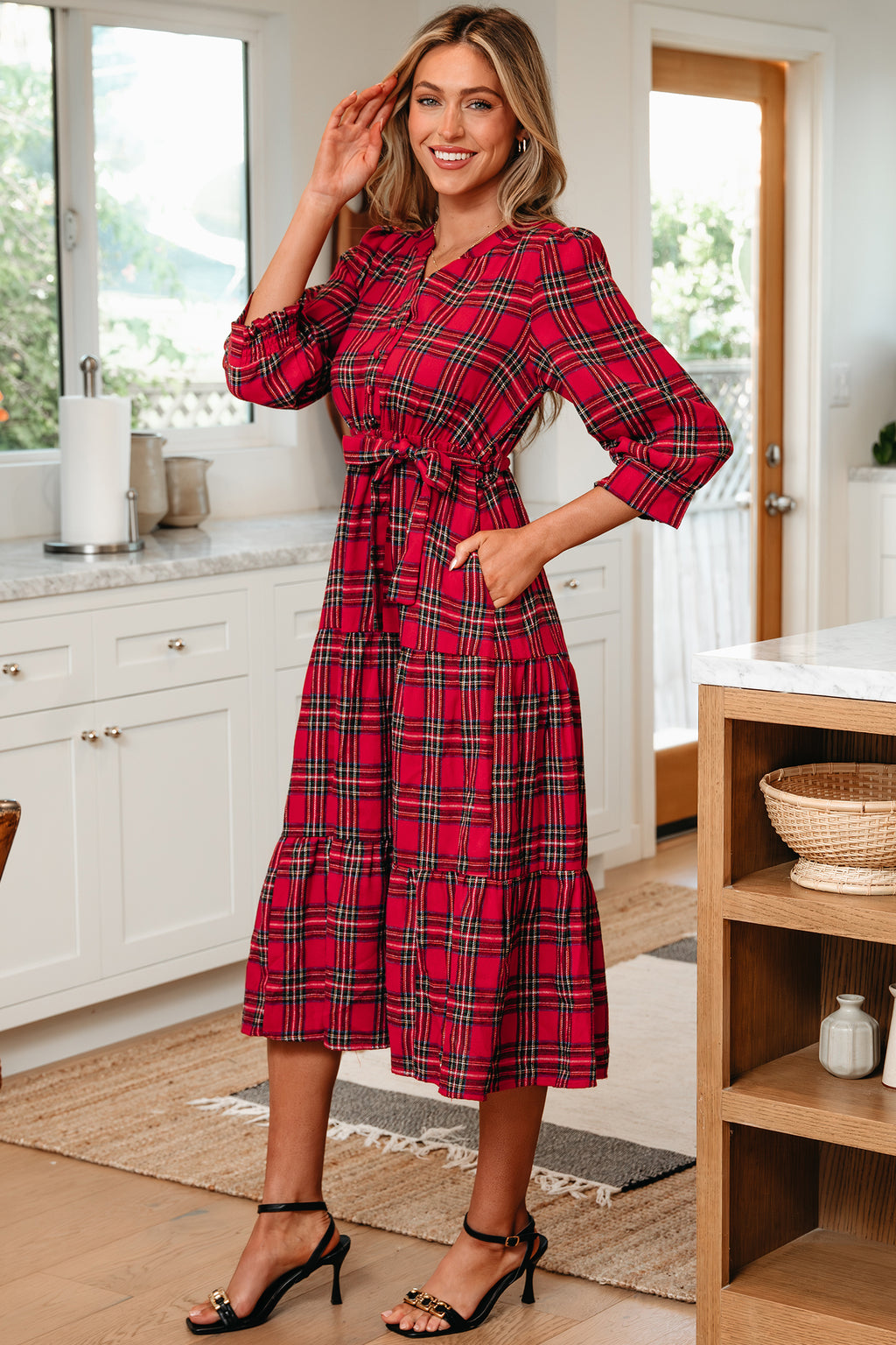 Red Plaid V Neck 3/4 Sleeve Tie Waist Ruffle Hem Long Dress