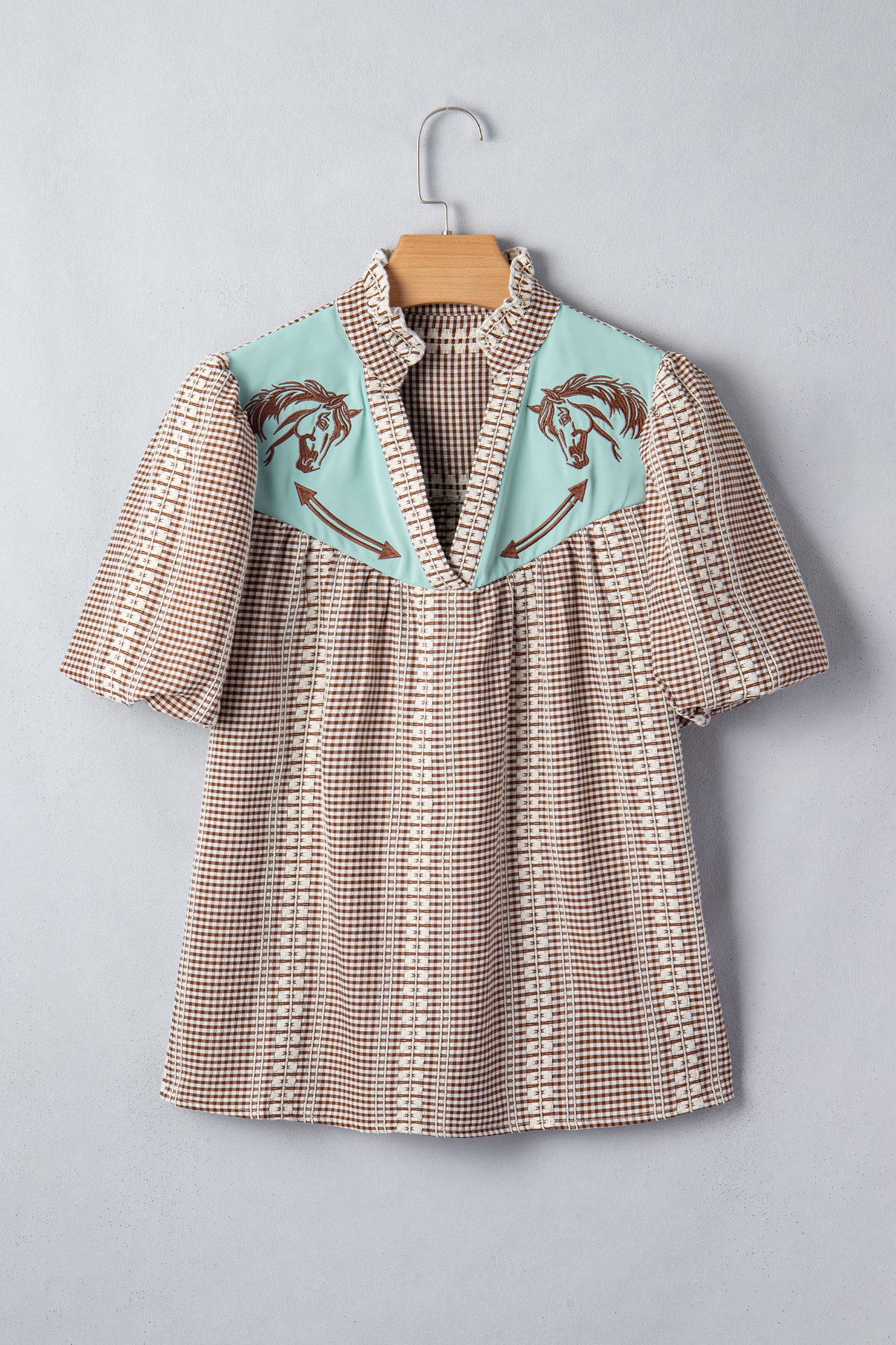 Brown Western Pony Embroidered Yoke Puff Sleeve Gingham Blouse