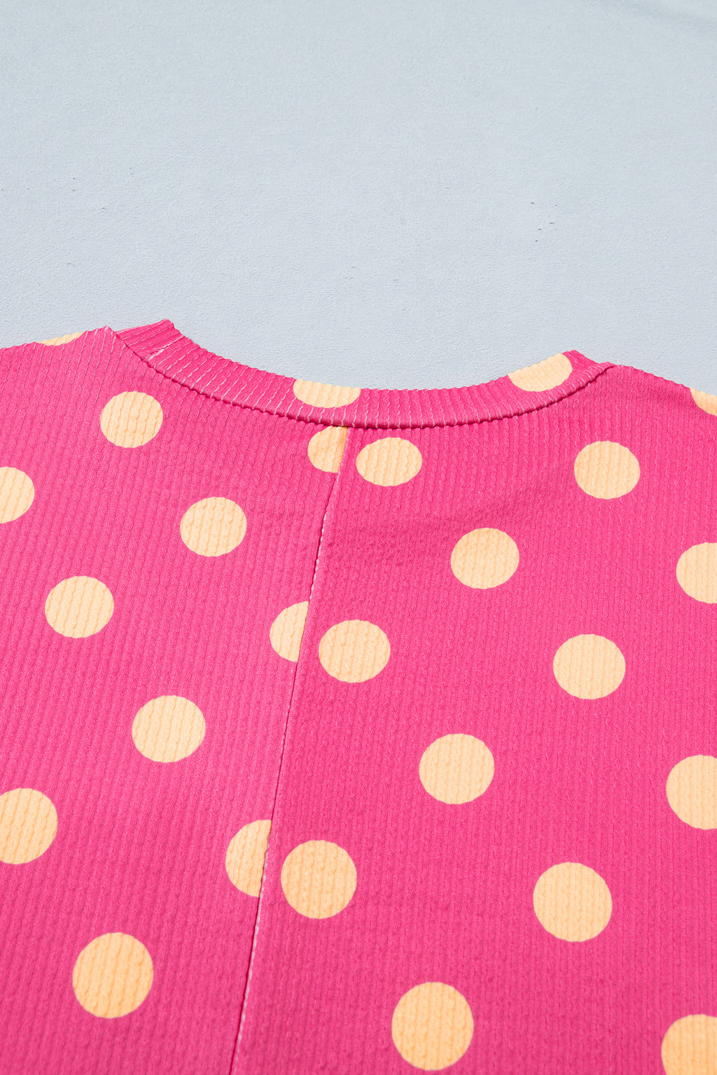 Pink Polka Dot Round Neck Drop Shoulder Patch Pocket Jacquard Texture Top
