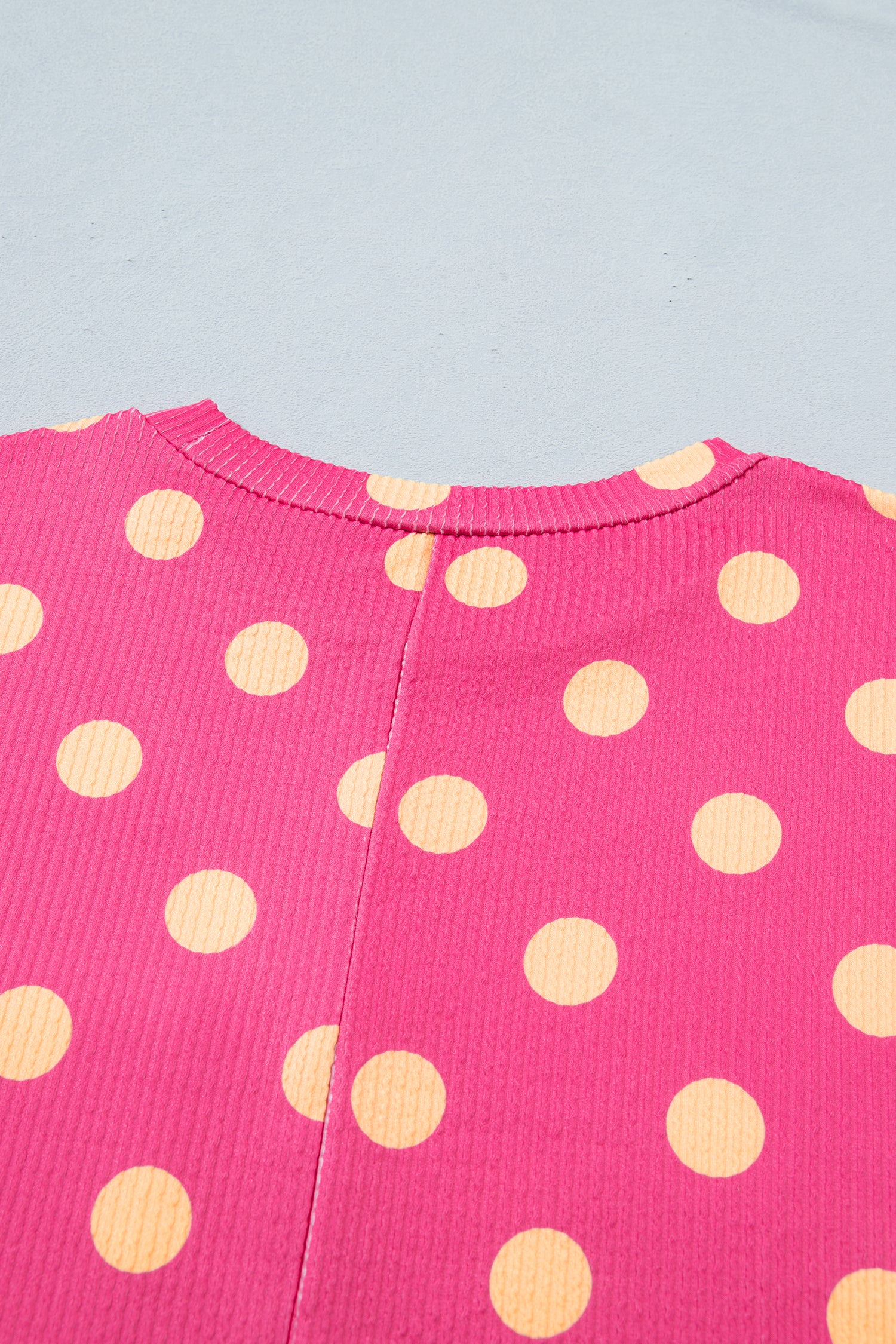 Pink Polka Dot Round Neck Drop Shoulder Patch Pocket Jacquard Texture Top