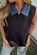 Black Solid Color Knit Contrast Denim Patchwork Collar Sweater Vest