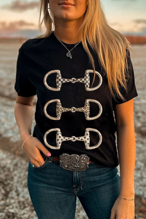 Black Western Horse Bit Printed Relaxed T Shirt