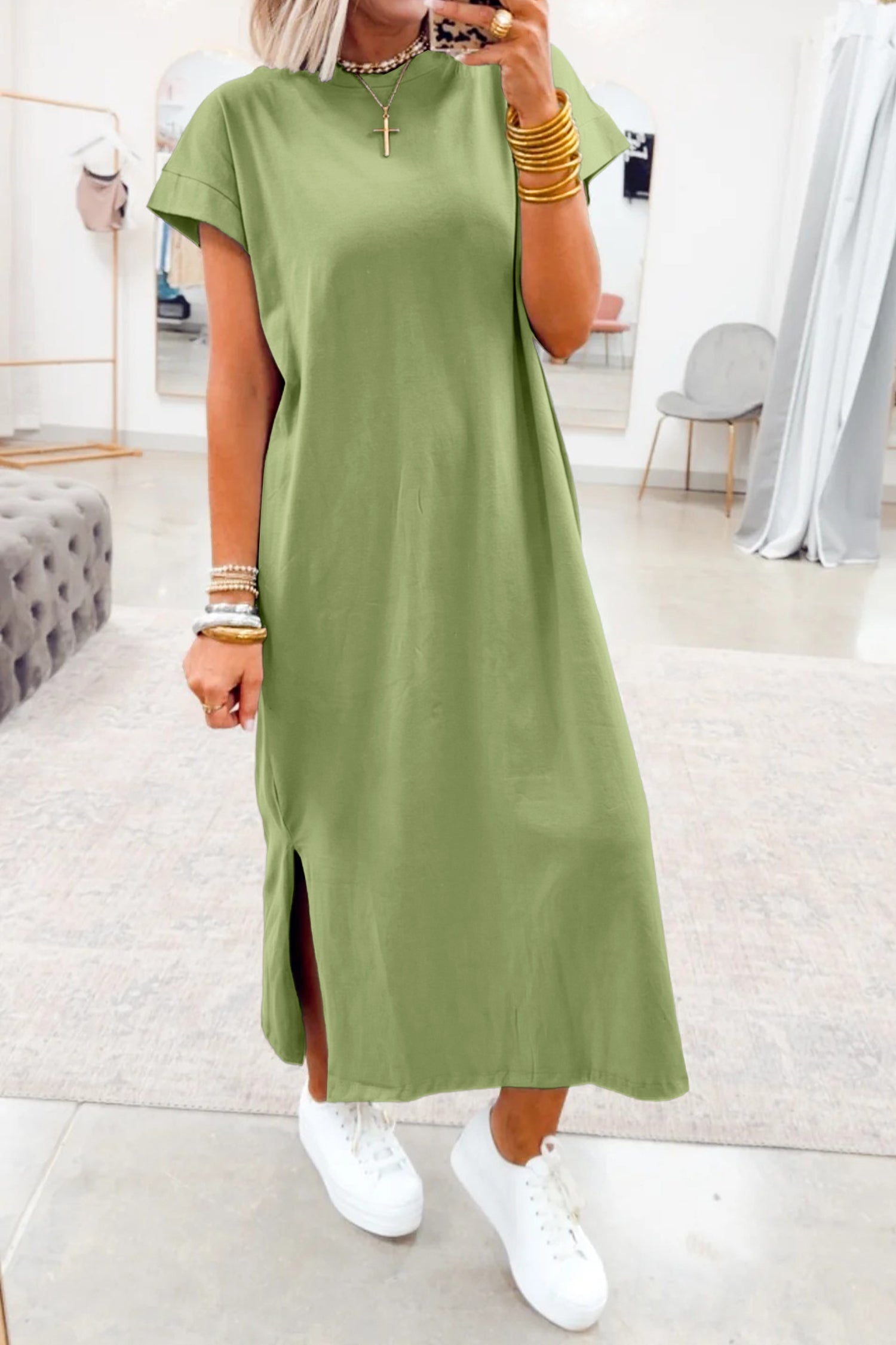 Green Bay Solid Color Long T Shirt Dress with Slits