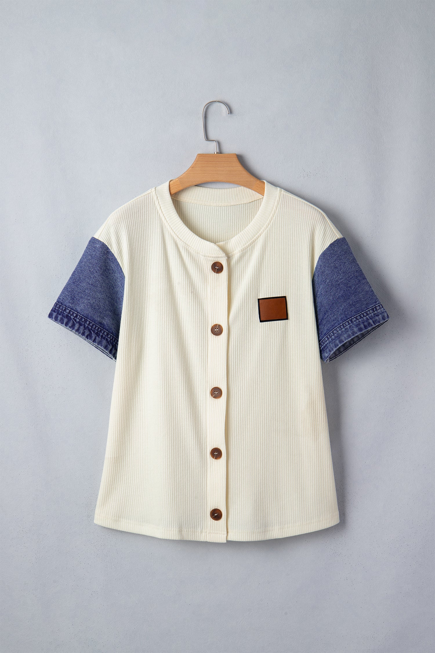 Beige Denim Patchwork Short Sleeve Ribbed Shirt
