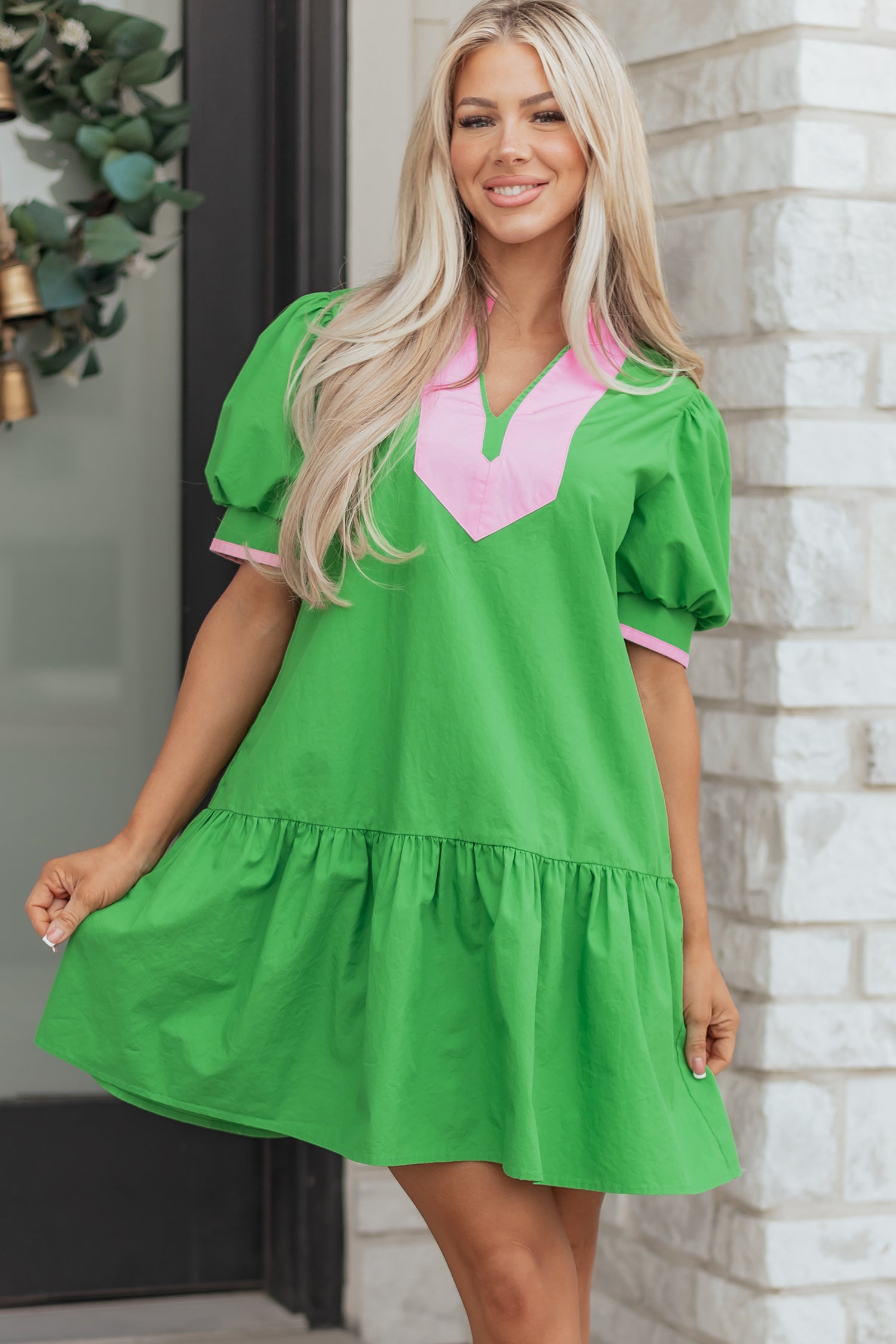 Bright Green Color Block Mini Dress