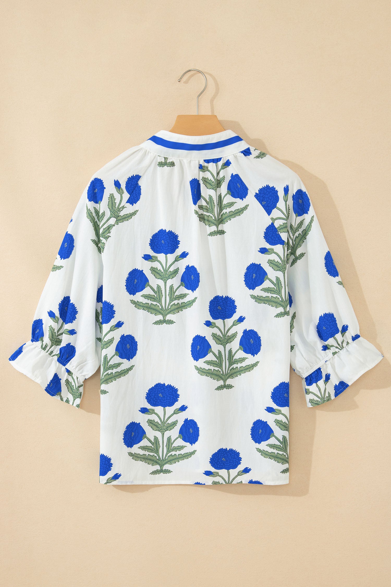 Sky Blue Casual Wild Flower Print V Neck 3/4 Sleeve Blouse