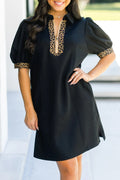 Black Leopard Zip Collared Short Puff Sleeve Mini Dress