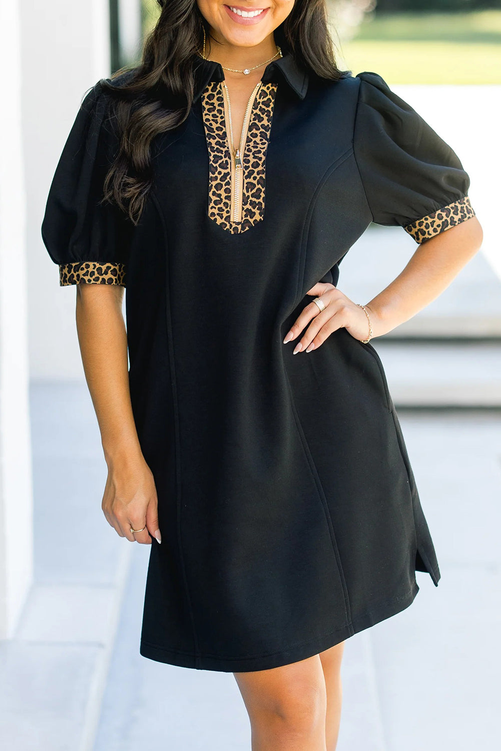 Black Leopard Zip Collared Short Puff Sleeve Mini Dress