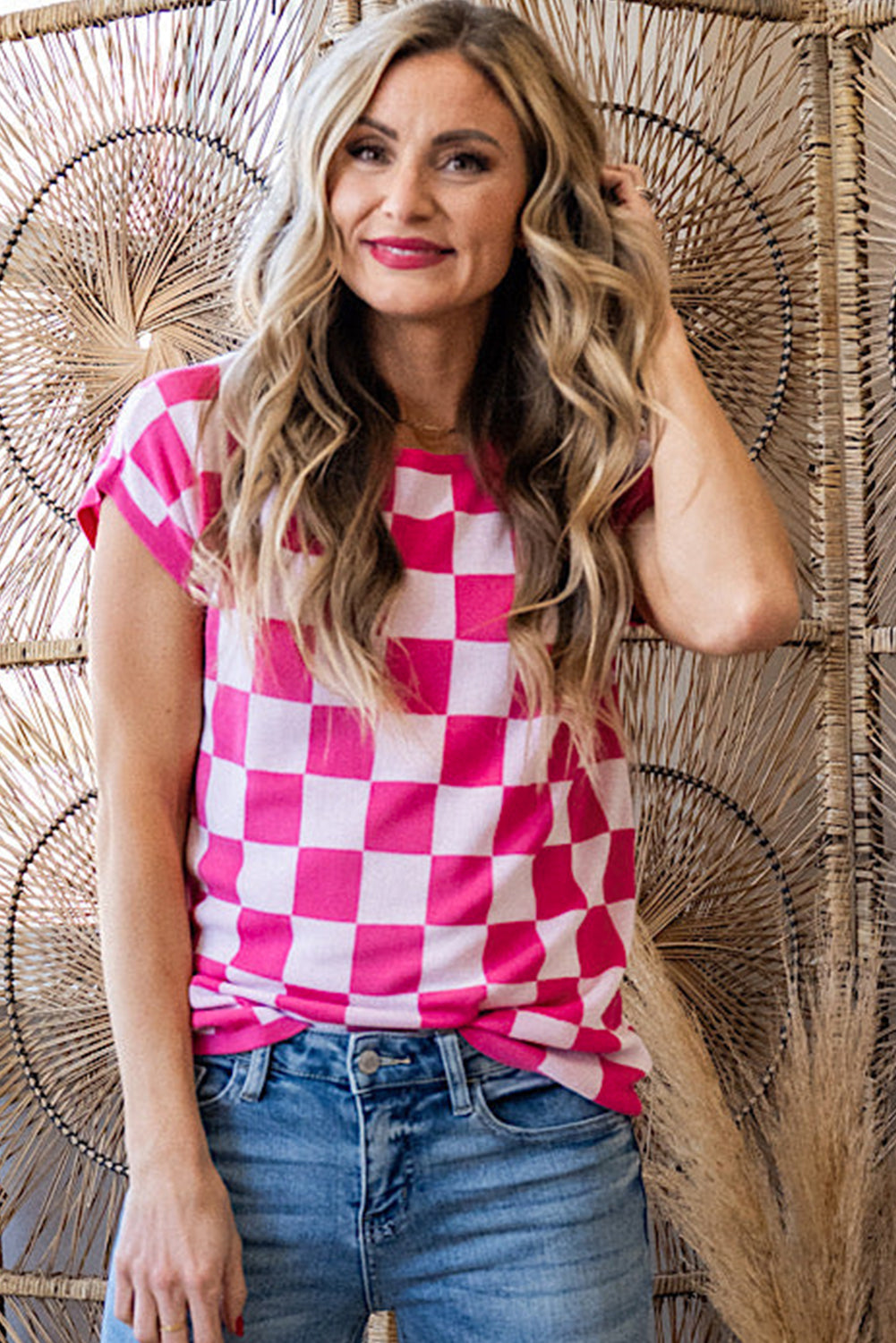 Rose Check Pattern Cap Sleeve Knitted Sweater