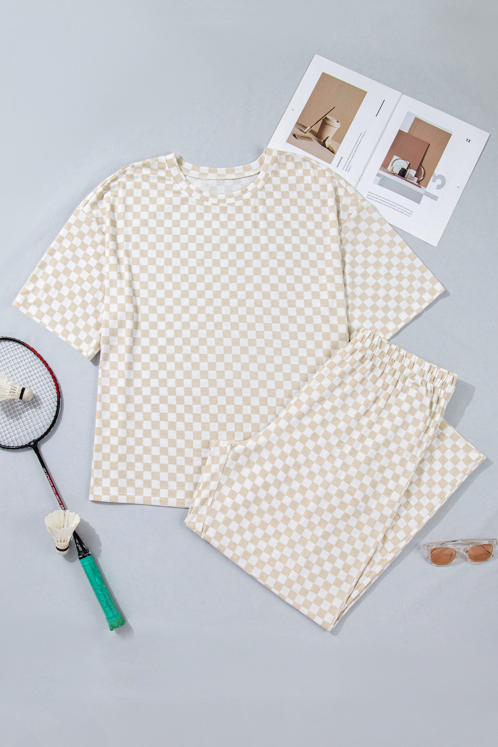 Khaki Plus Size Checkered Print Half Sleeve Tee Loose Pants Two-piece Lounge Set