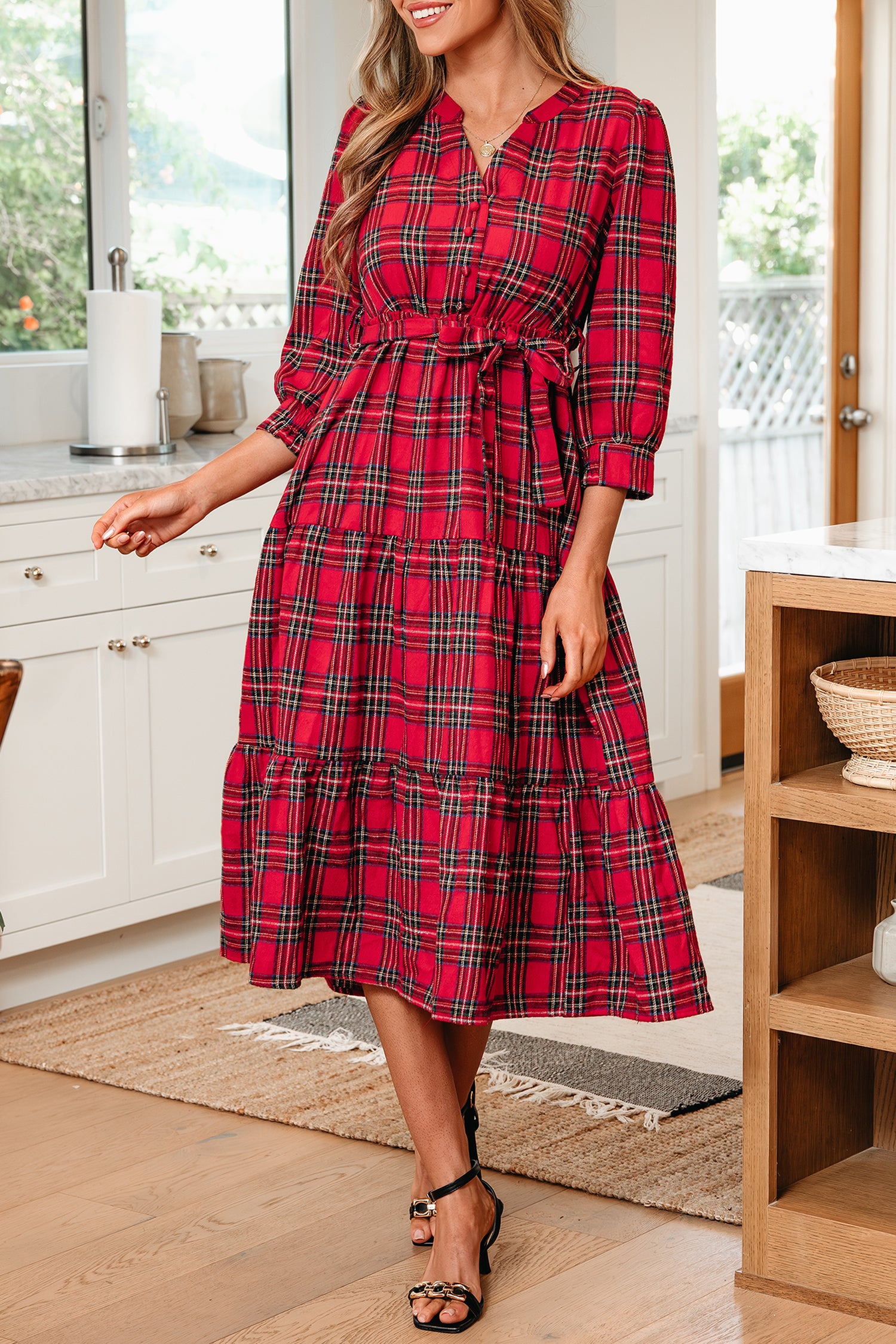 Red Plaid V Neck 3/4 Sleeve Tie Waist Ruffle Hem Long Dress