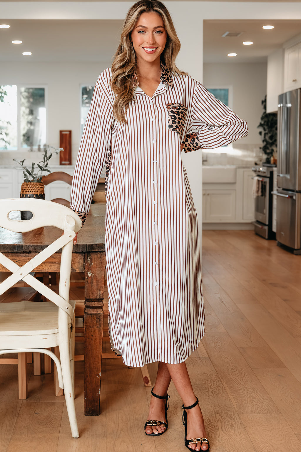 Brown Stripe Contrast Leopard Patchwork Long Shirt Dress with Slits