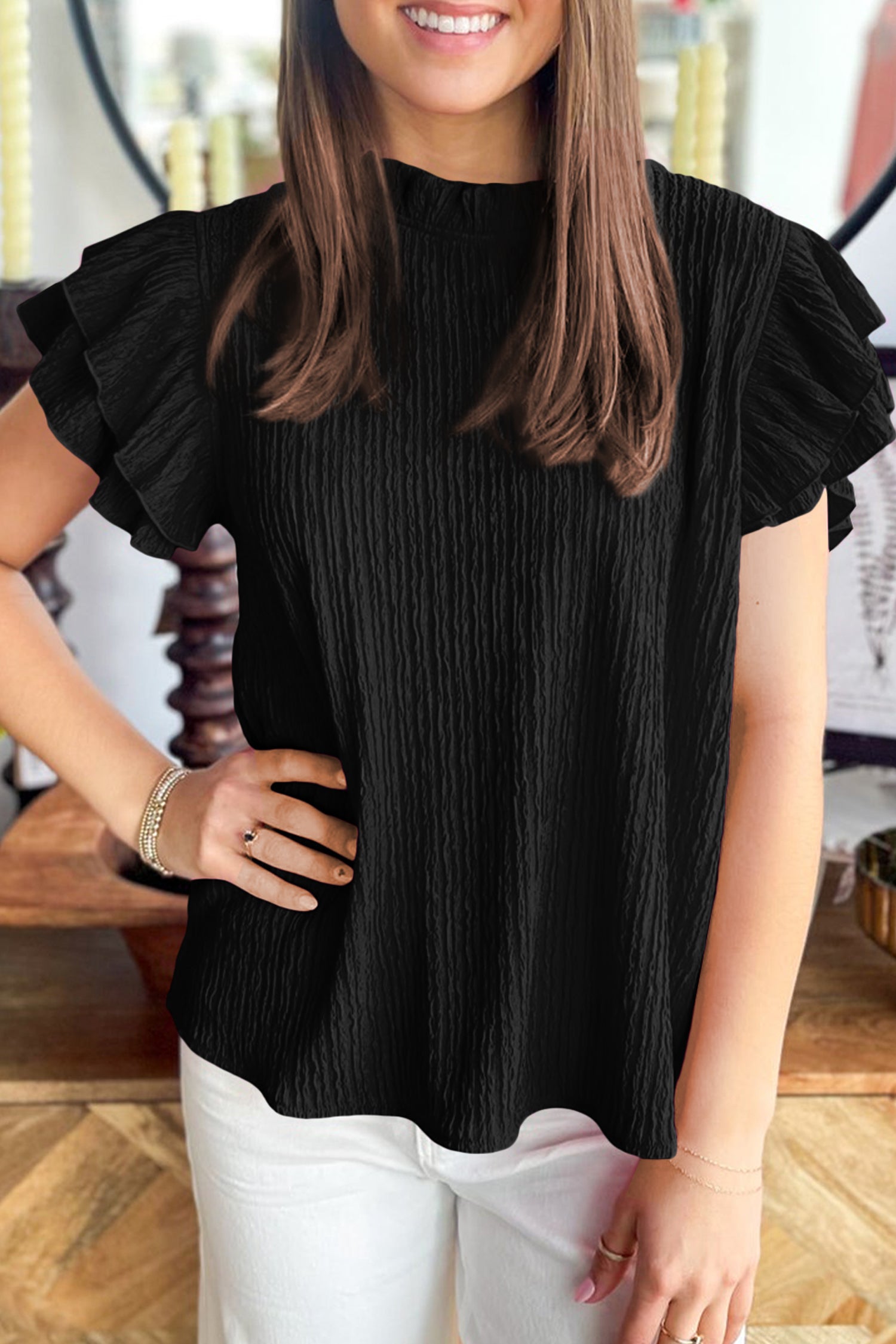 White Solid Color Textured Ruffle Trim Short Sleeve Blouse