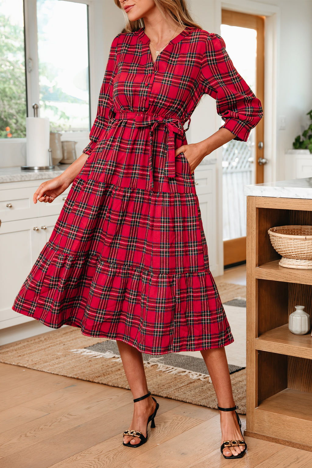 Red Plaid V Neck 3/4 Sleeve Tie Waist Ruffle Hem Long Dress