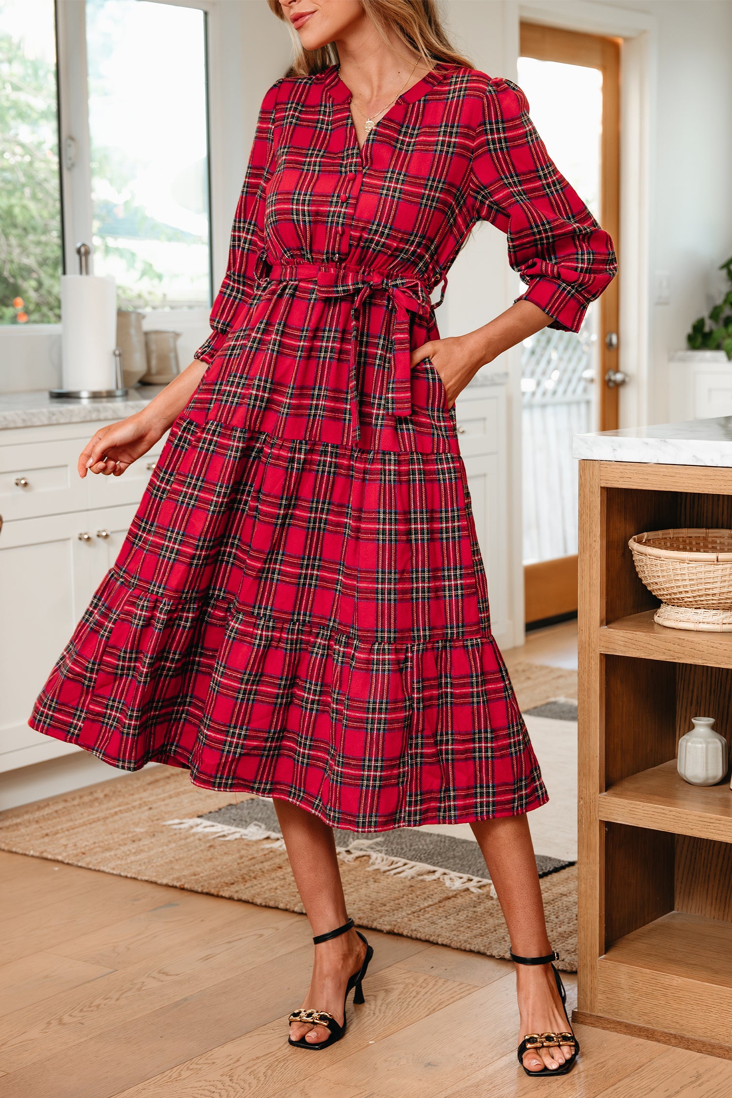 Red Plaid V Neck 3/4 Sleeve Tie Waist Ruffle Hem Long Dress
