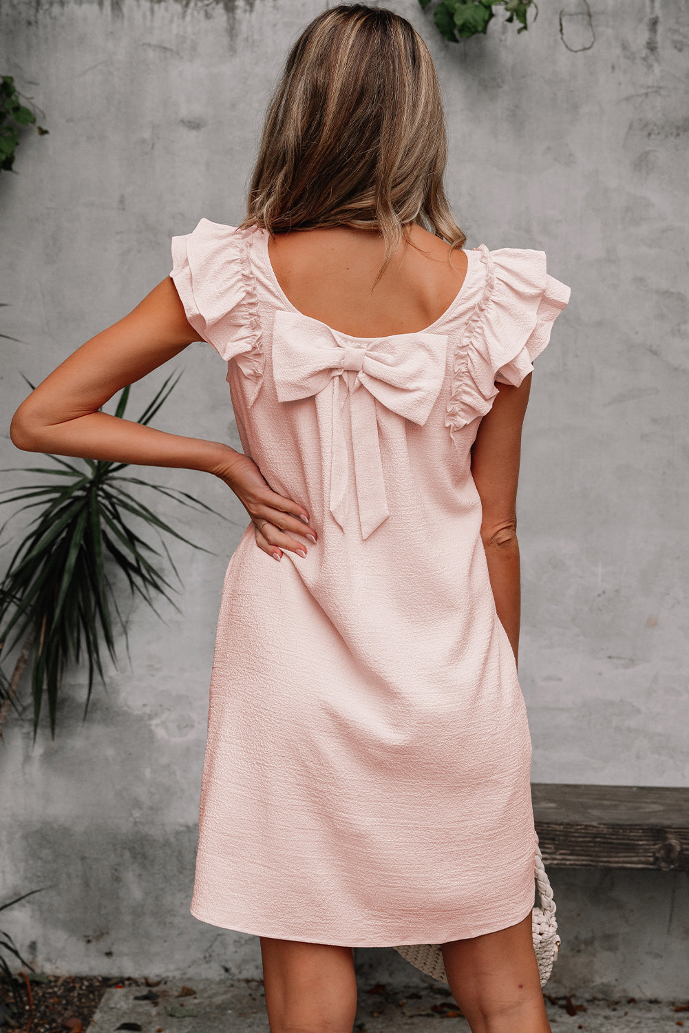 Light Pink Flutter Sleeve Bow Mini Dress