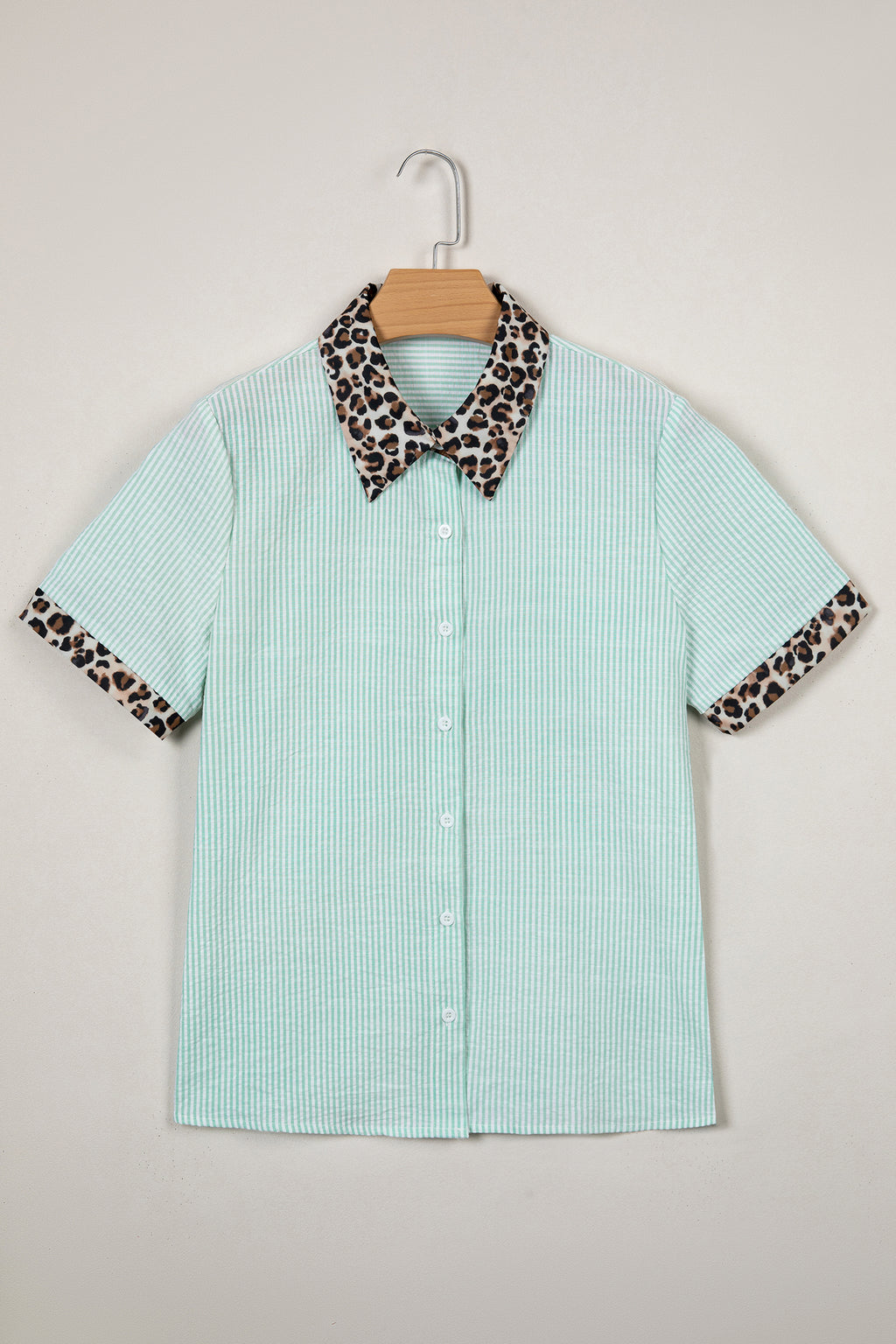 Green Stripe Leopard Contrast Collar Short Sleeve Shirt