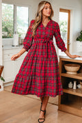 Red Plaid V Neck 3/4 Sleeve Tie Waist Ruffle Hem Long Dress