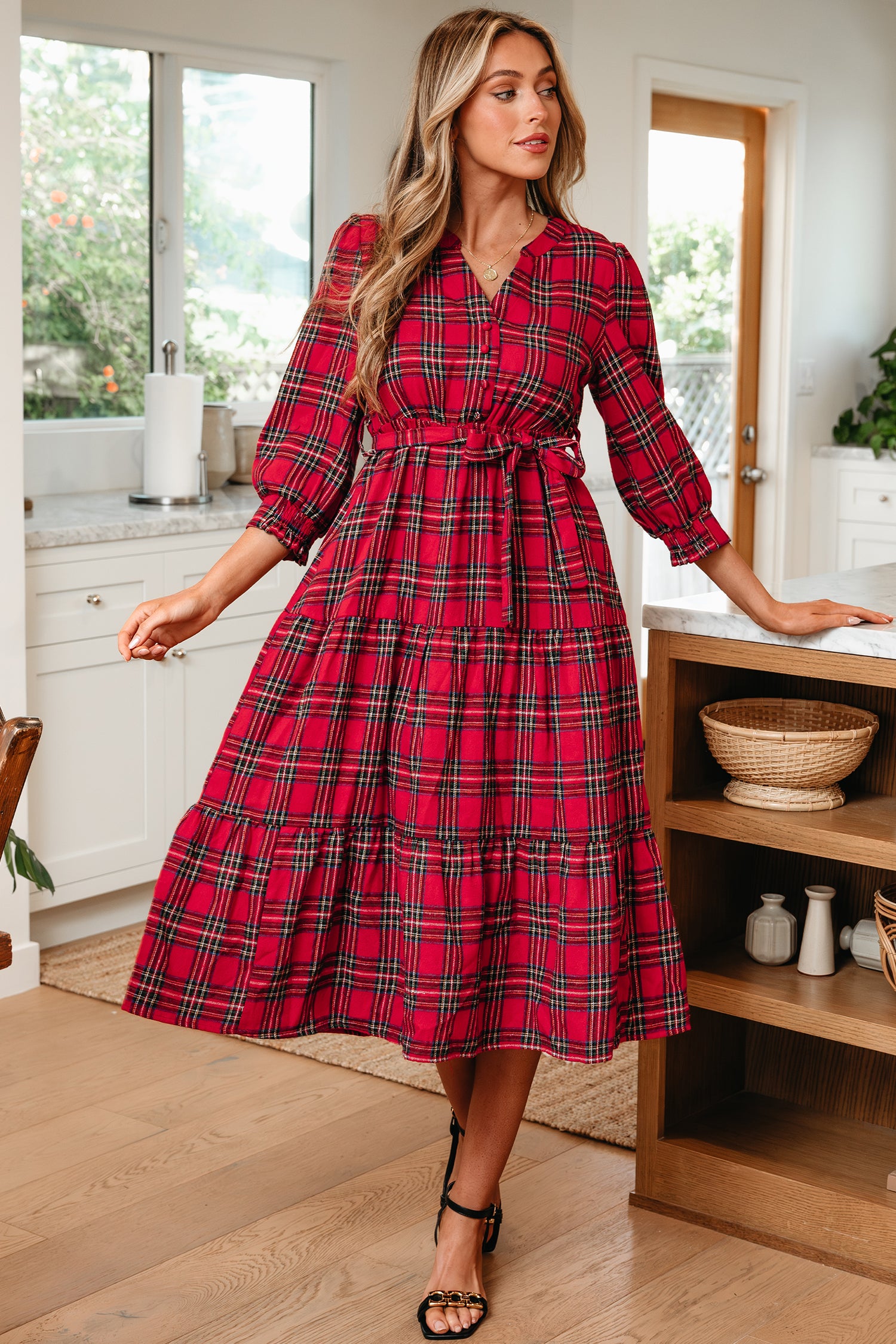 Red Plaid V Neck 3/4 Sleeve Tie Waist Ruffle Hem Long Dress