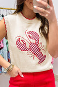 Beige Plaid Crawfish Crew Neck Knit Sweater Vest