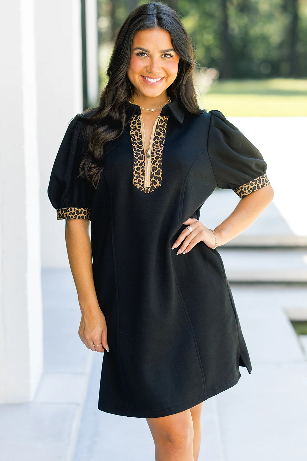 Black Leopard Zip Collared Short Puff Sleeve Mini Dress