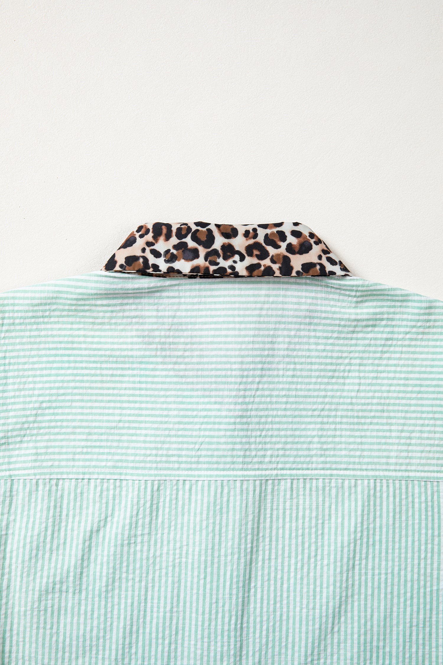 Green Stripe Leopard Contrast Collar Short Sleeve Shirt