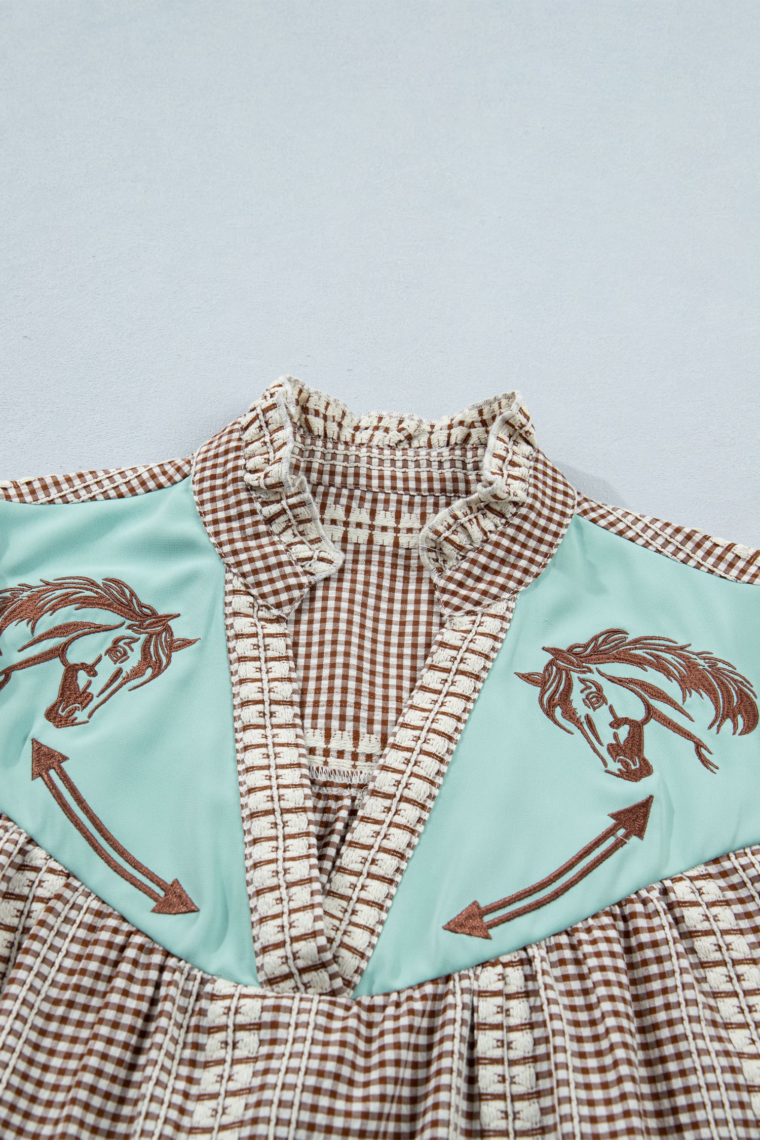 Brown Western Pony Embroidered Yoke Puff Sleeve Gingham Blouse