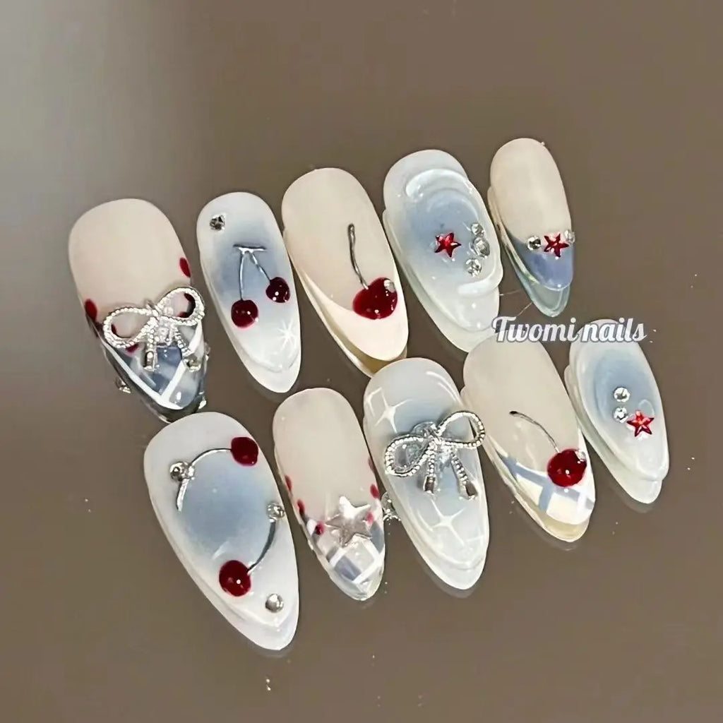 10Pcs Handmade Press on Nails Full Cover Stars Concise Design French Short  Almond False Nails Wearable Manicure Nail Tips Art
