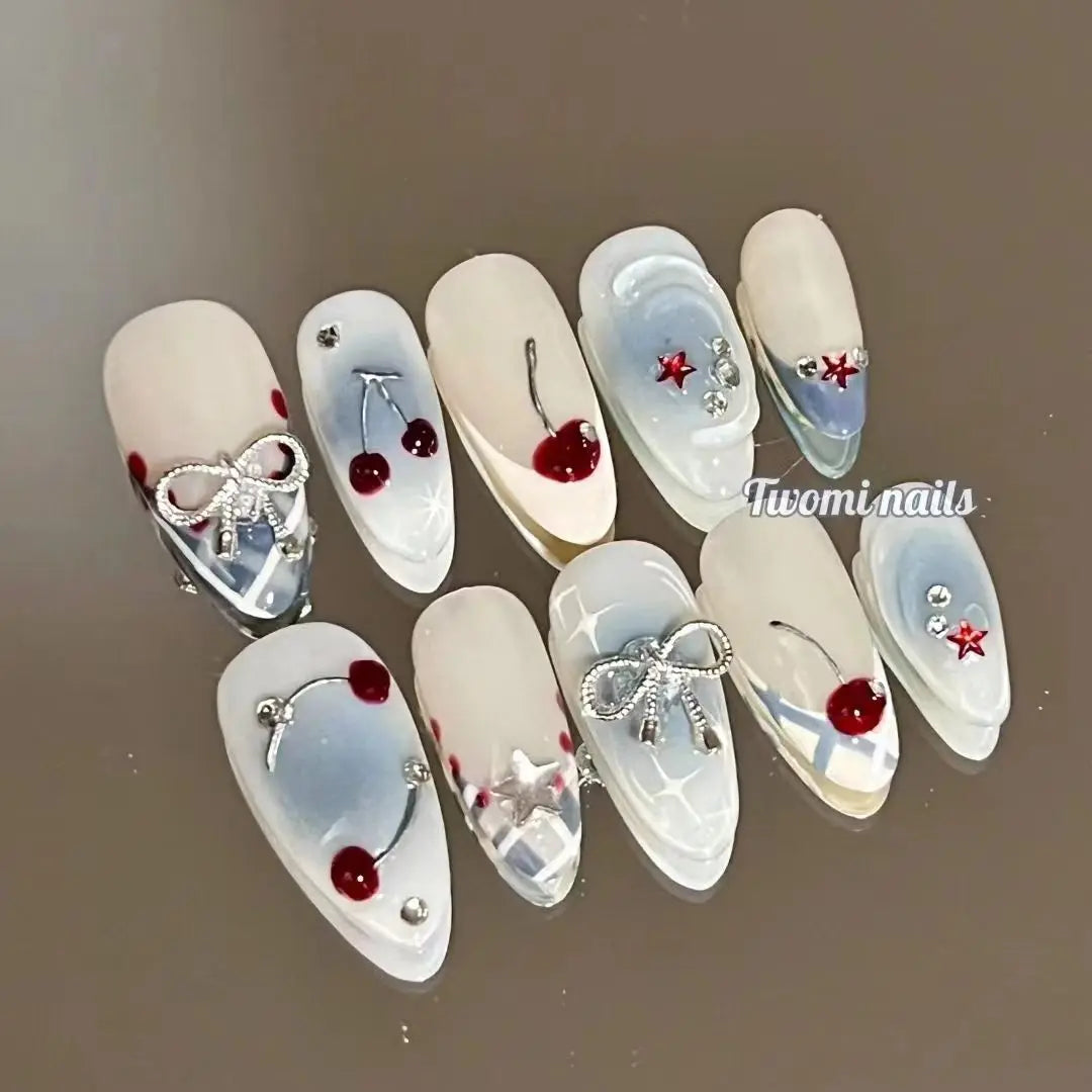 10Pcs Handmade Press on Nails Full Cover Stars Concise Design French Short  Almond False Nails Wearable Manicure Nail Tips Art