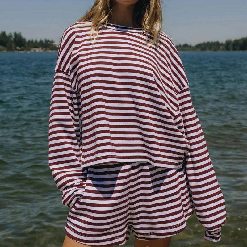Striped Two Piece Long Sleeve and Short Set