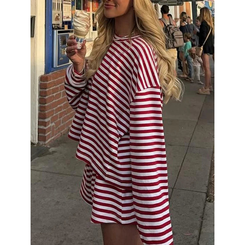 Striped Two Piece Long Sleeve and Short Set