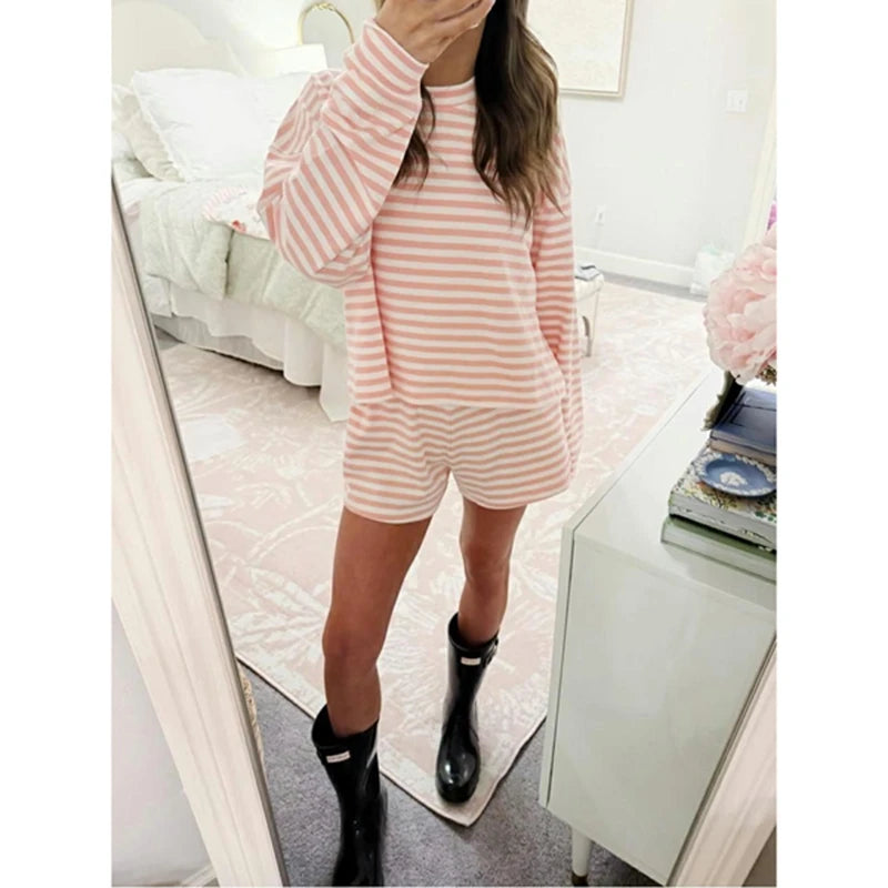 Striped Two Piece Long Sleeve and Short Set
