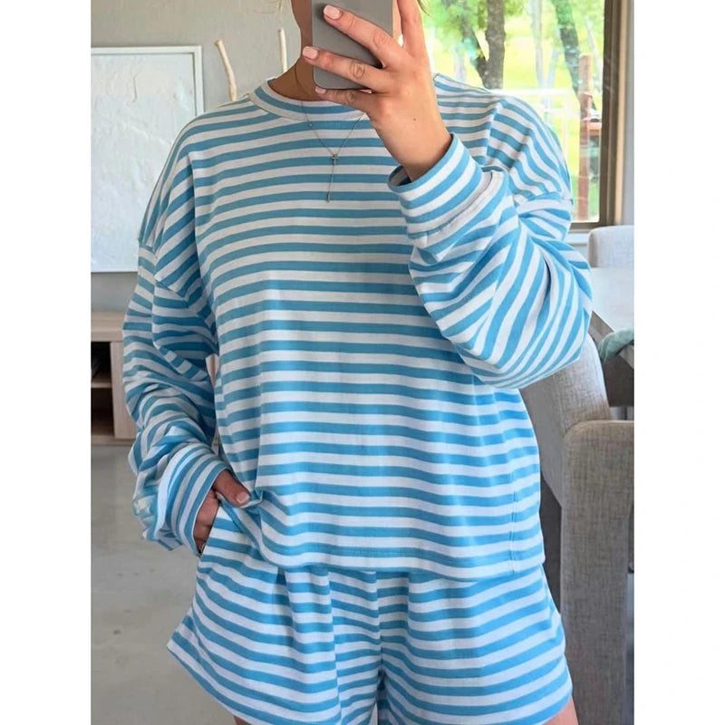 Striped Two Piece Long Sleeve and Short Set