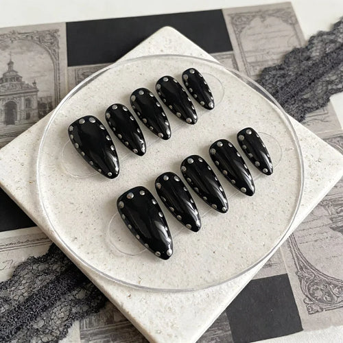10PCS Black Handmade Press on Nails Rock-Chic Manicure Luxury Gothic Almond False Nails Artificial Resuable Elegance Press ons