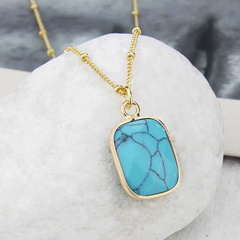Turquoise Pendant Necklace 18K Gold Beaded Layering Chain Necklaces for Women