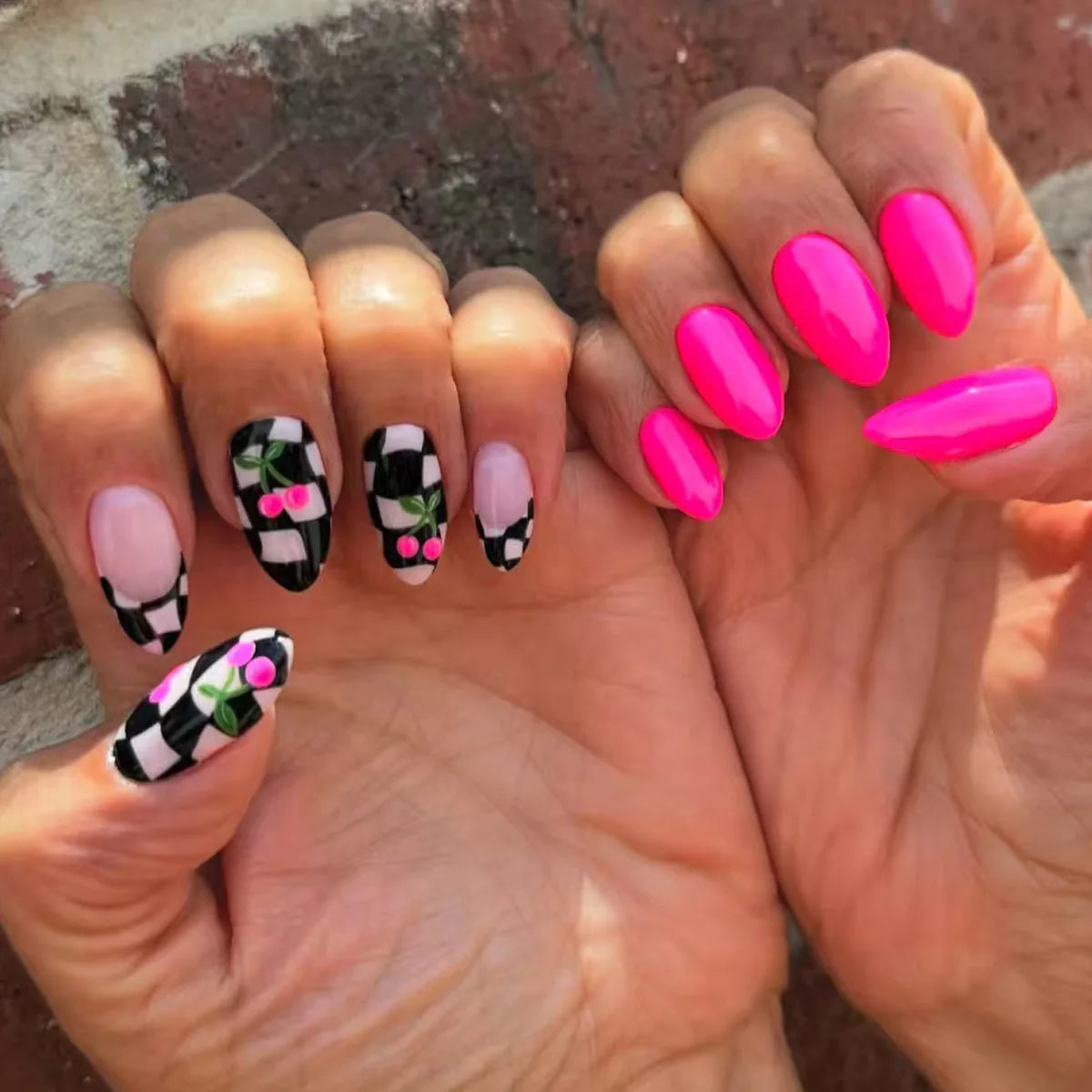 24pcs Almond Shaped Press-On Nails Suitable for Hands&Feet Short Almond Black&White Checkerboard with Neon Fake Nails for Women